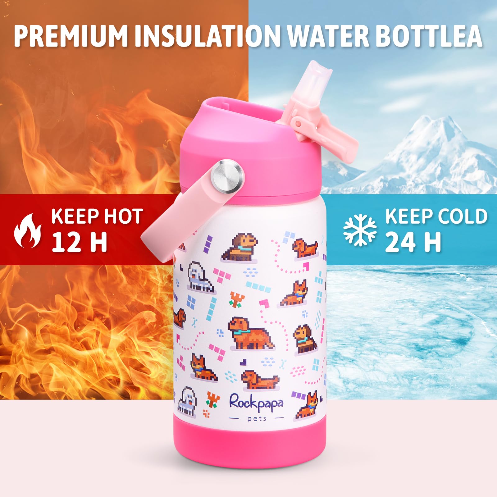 Rockpapa Kids Insulated Water Bottle With Straw,-, 18/8 Stainless Steel, Leak Proof, 14Oz M