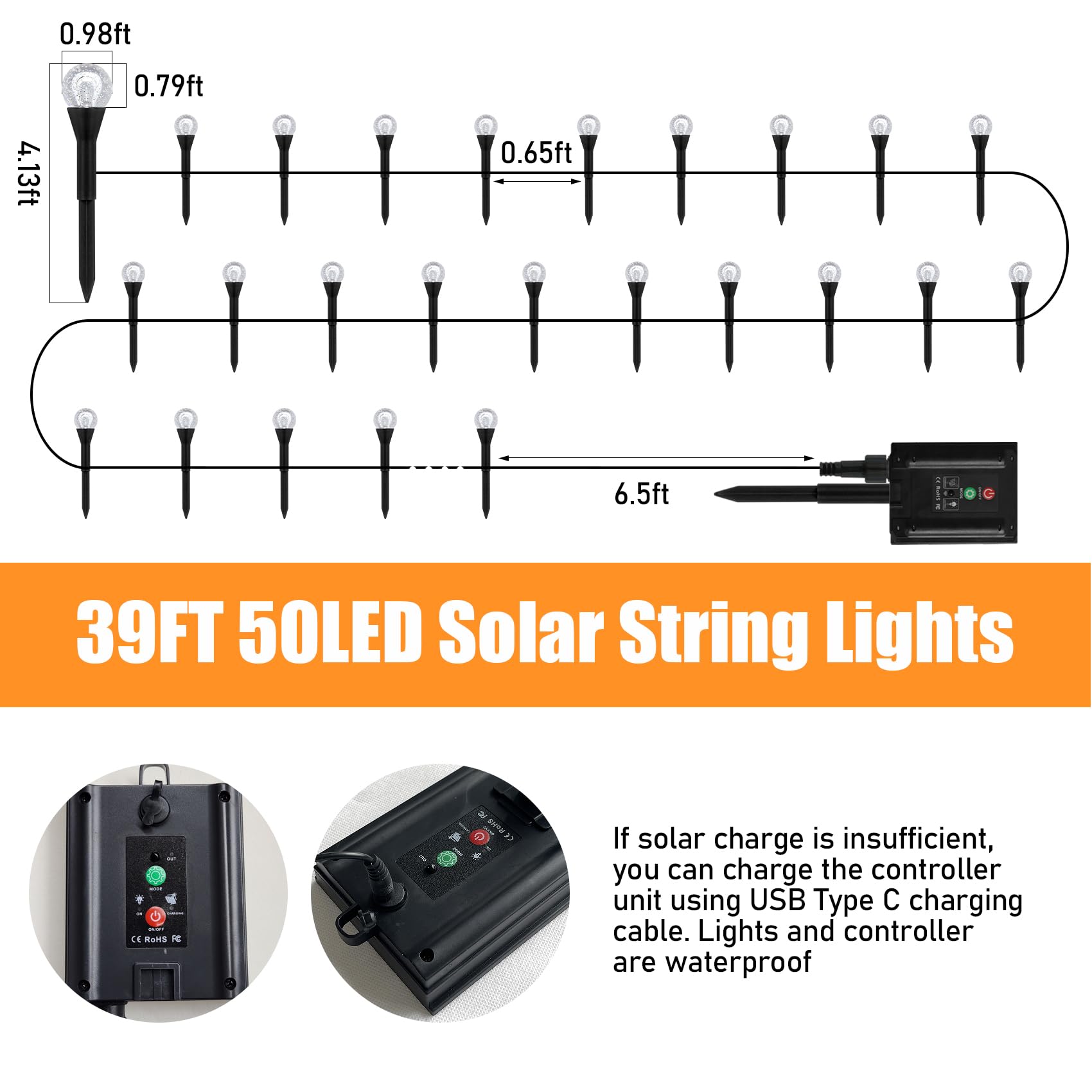 Flvoecn 39Ft Rgb Solar Powered Lights - 50 Led Small Globe Bulbs For Outside, Color Changing, Ip65 Waterproof Garden Solar Lights For Outdoor Patio Landscape Lawn Yard Christmas Decor