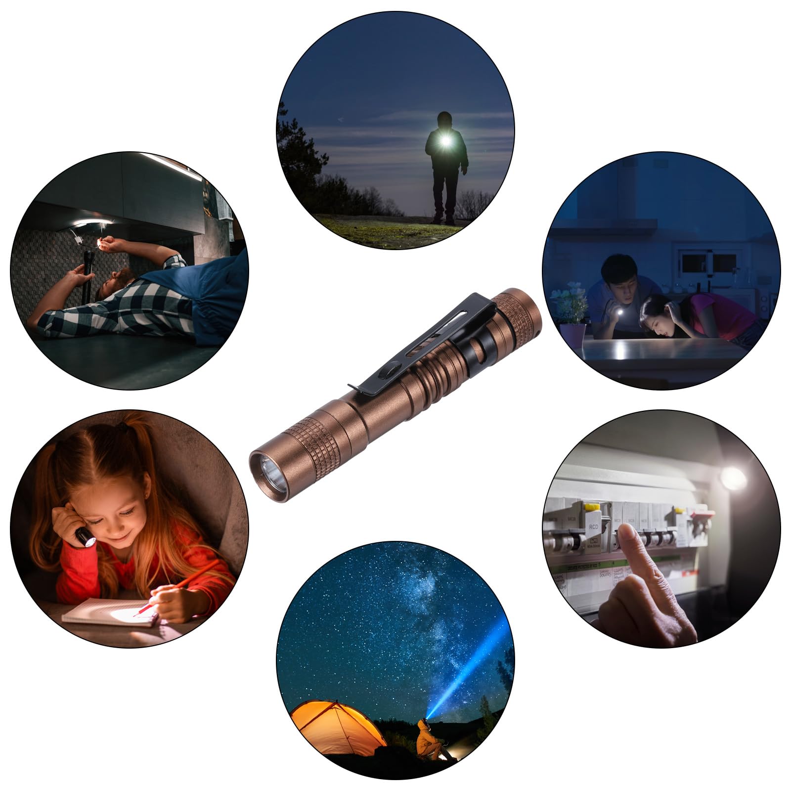 Patikil Mini Flashlight With Clip, Super Light Small Led Pen Flashlights Aluminum White Light Torch Battery Powered For Camping Hiking, Brown