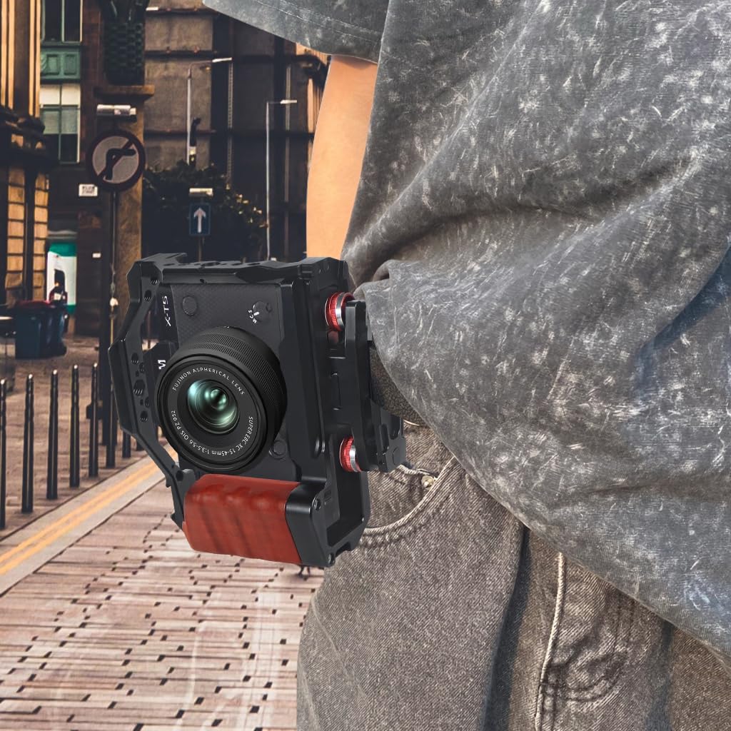 Novelgoal Xt5 Camera Cage Wooden Grip Video Protective Feame With Cold Shoe Mount Handle 1/4 3/8 Qr Plate Compatible With Fuji Xt-5 (With Qr Belt Clip)