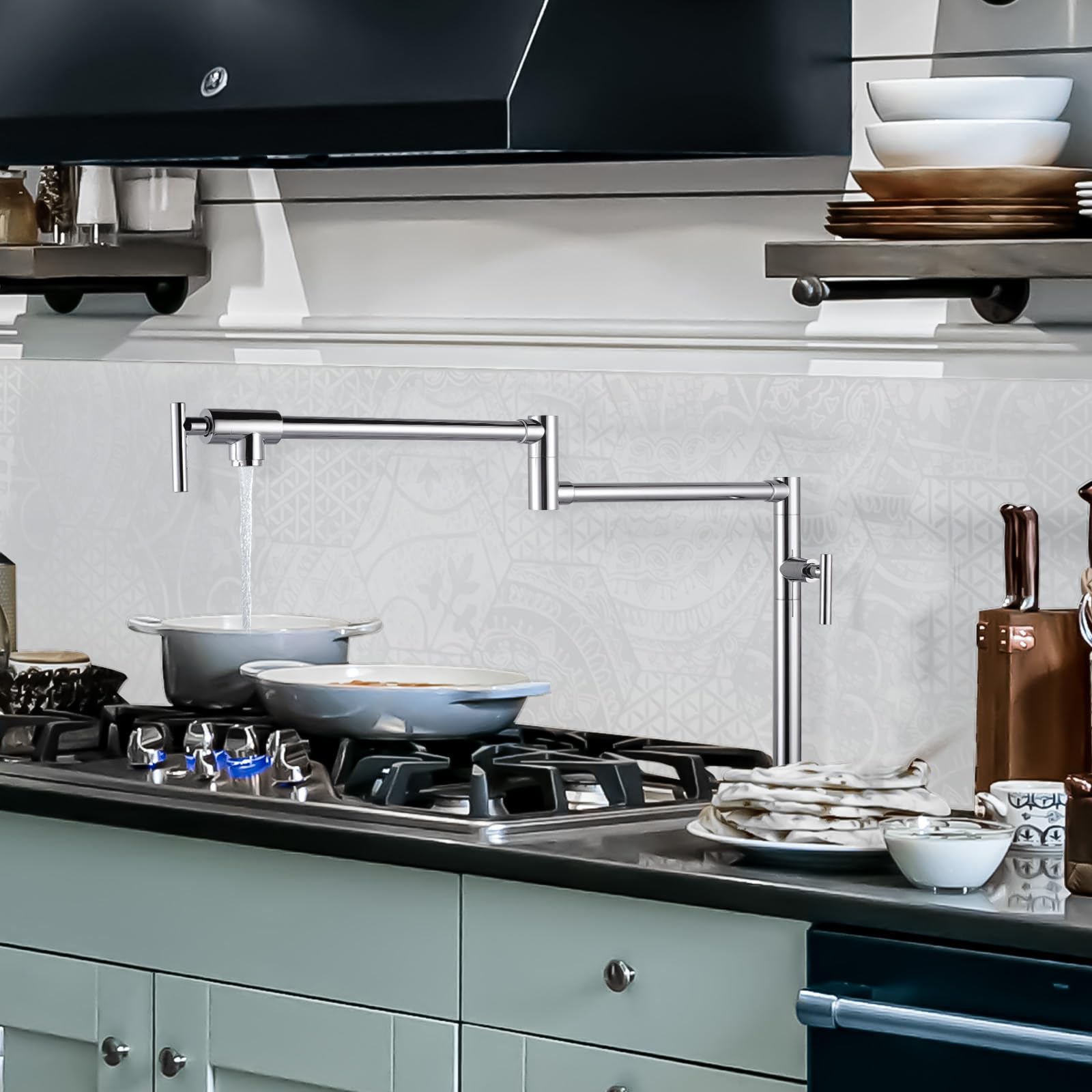 Aleasha Pot Filler Faucet For Kitchen Sink, Deck Mount Pot Faucets Over Stove, Solid Brass Folding Pot Filler Faucet, Chrome Kitchen Pot Faucet With Double Joint Swing Arms