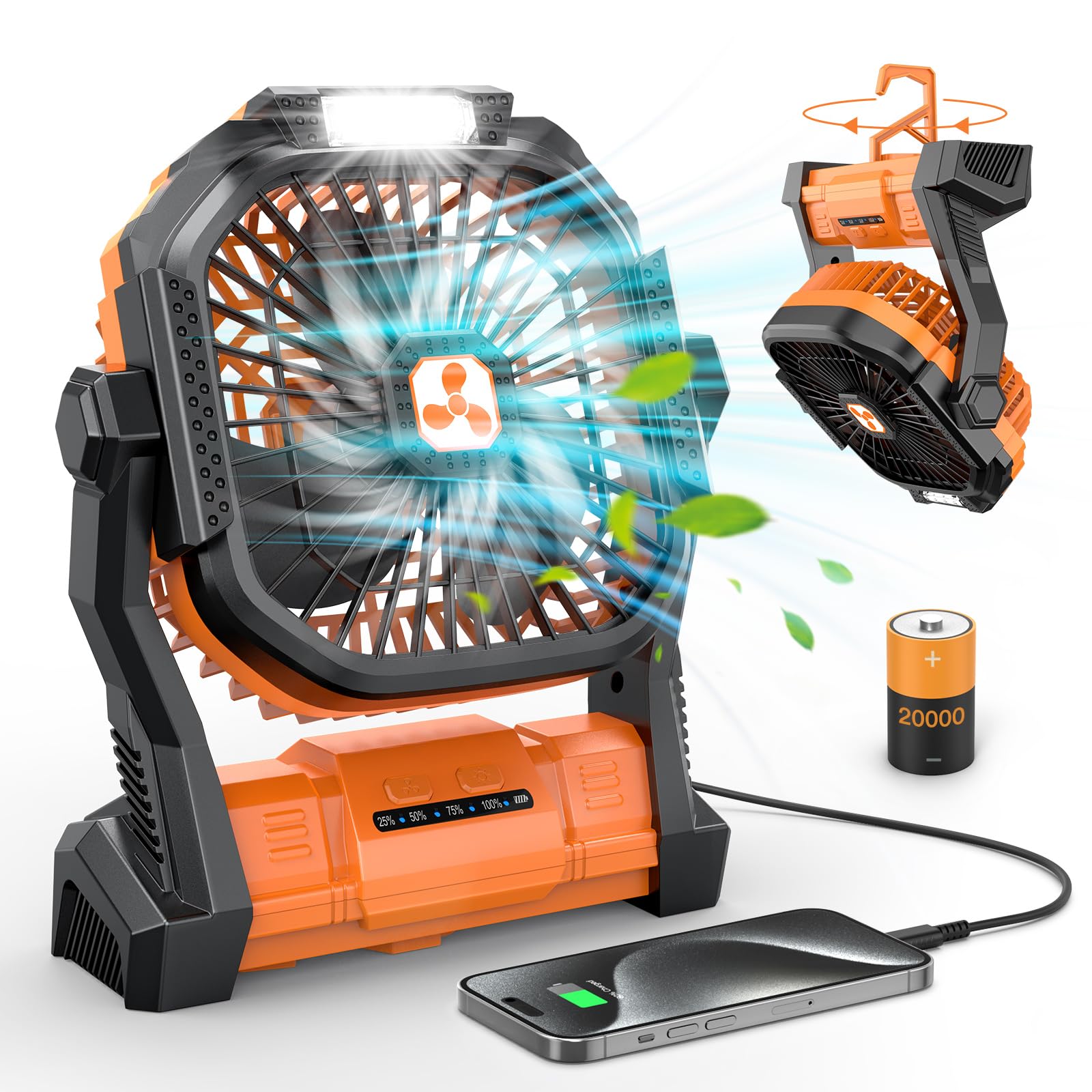 Portable Fan Rechargeable, Cordless Battery Powered Fan With Led Lantern, Small Table Fan, Usb Batte - Koospark