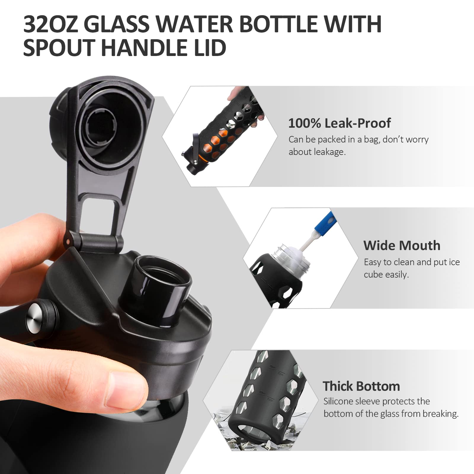 Mukoko 32Oz Glass Water Bottles With 2 Lids-Handle Spout Lid&Bamboo Straw Lid