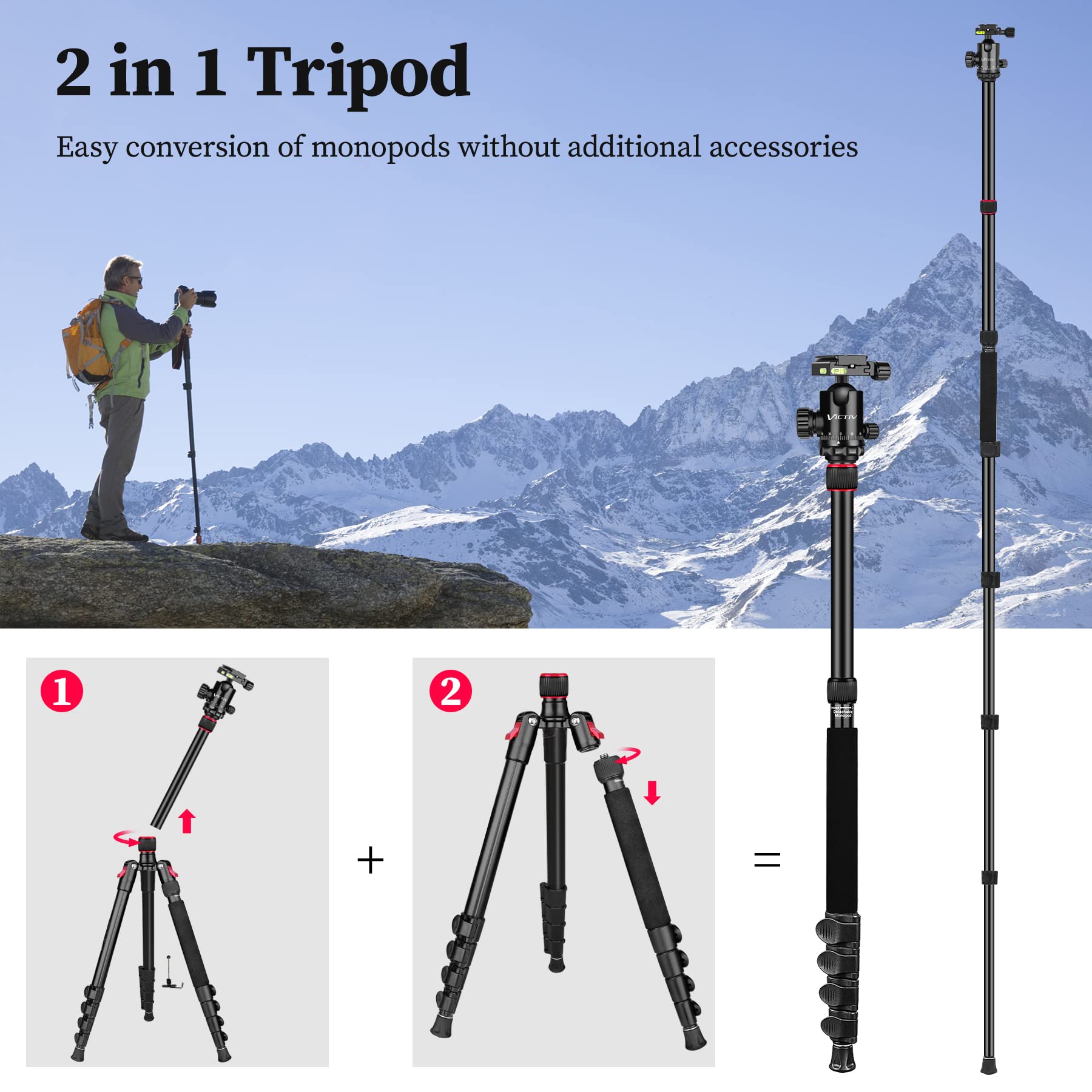 Victiv Professional Tripod For Camera, 81 Inch Aluminium Compact Travel Camera Tripod Monopod Heavy Duty With Phone Mount, Compatible With Canon Nikon Sony