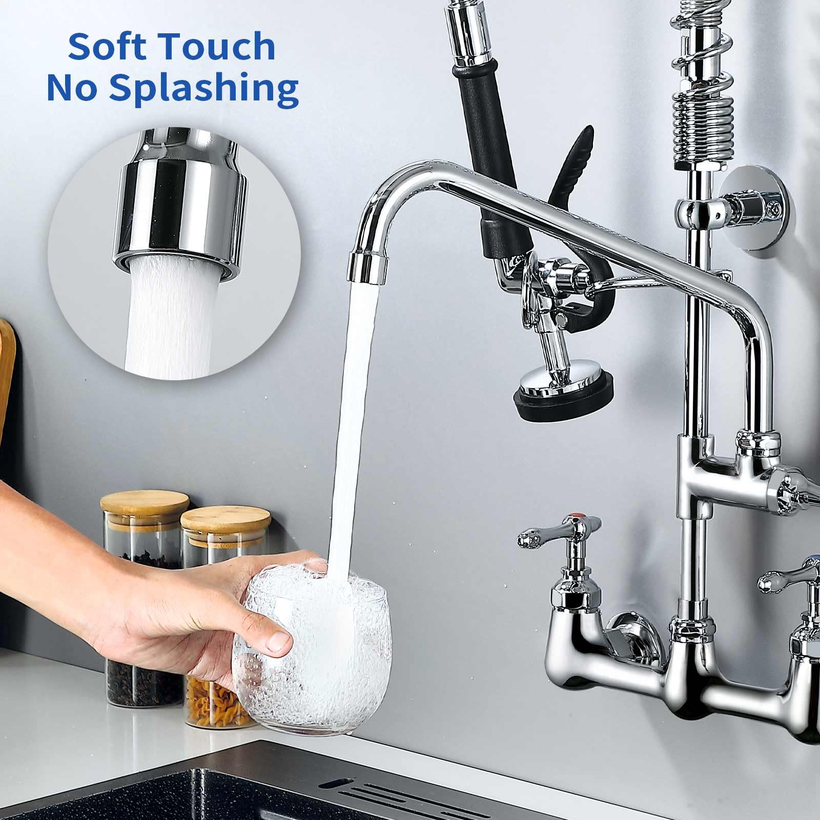 Keipan Commercial Kitchen Wall Mounted Faucet 8 "Center Wall Mounted Kitchen Sink Faucet With 8" Swinging Nozzle 20 "High Stall Sink Faucet For 1 Or 2 Stall Kitchen Sinks With Drop Down Sprayer