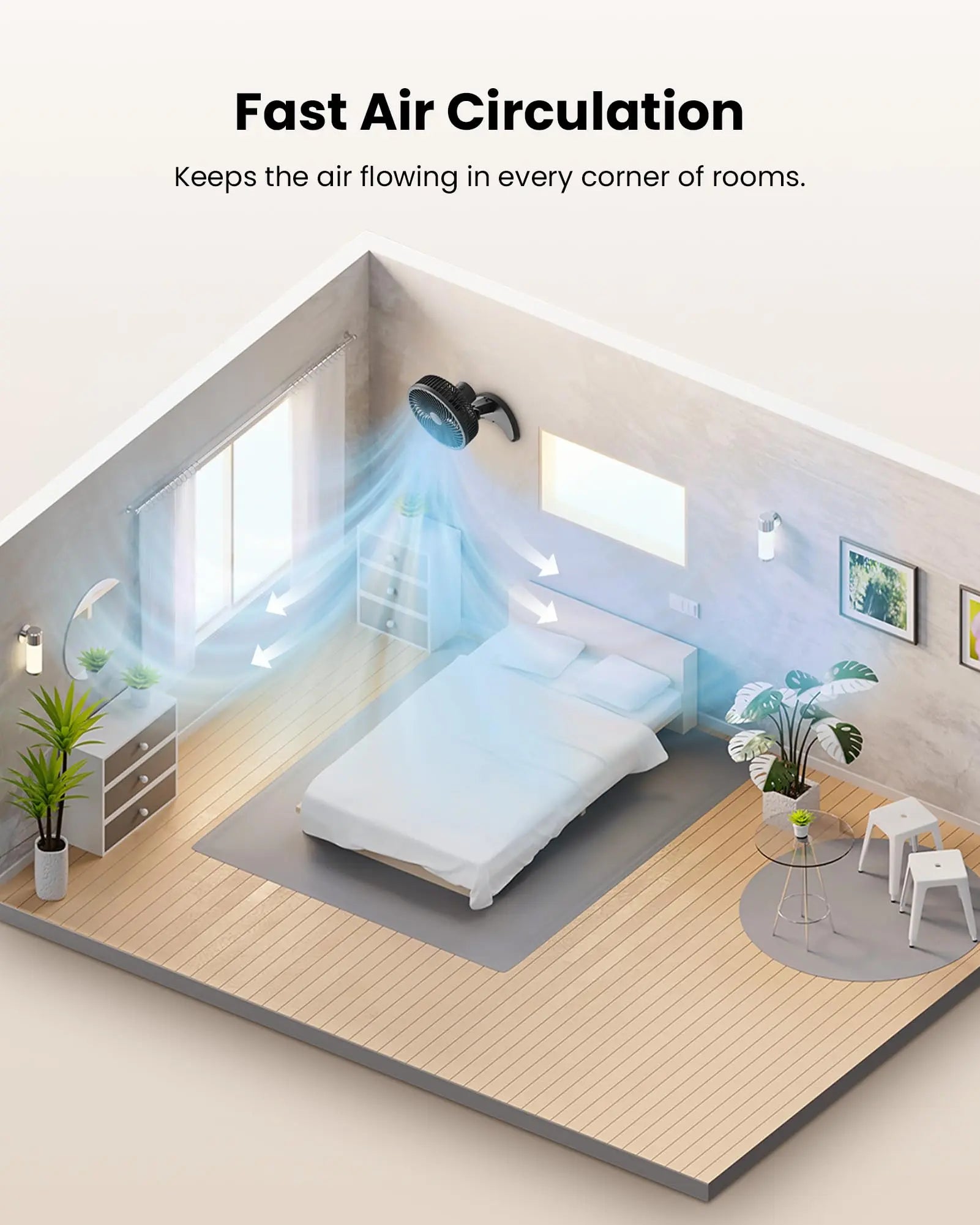 Koonie 8'' Wall Mount Fan, Quiet Small Wall Fan with Timer, 8.2ft Wired Remote, 80° Oscillation, 100° Adjustable - Koospark