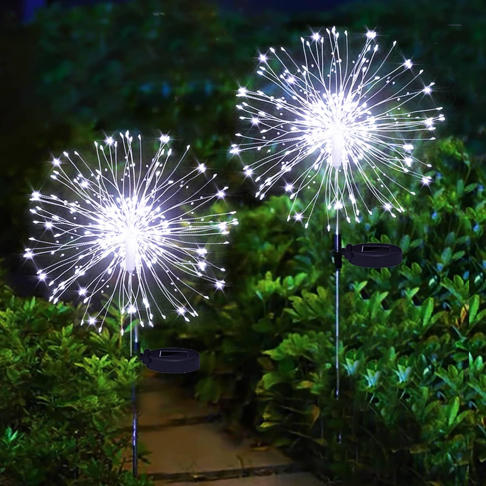 Yowin Solar Fireworks Lights 2 Pack 120 Led Solar Garden Outdoor Lights, 8 Modes Tall Sparkler Yard Light Waterproof Dandelion String Light For Outside Patio Pathway Decorations - White