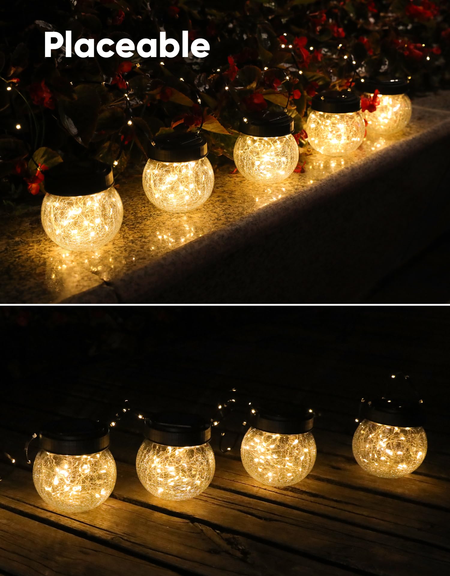 Partphoner Solar Lanterns Solar Lights Outdoor Waterproof 6-Pack, Solar Powered Hanging Lights Cracked Glass Hanging Globes For Christmas Decoration, Shepherd Hook, Garden Tree Ornaments