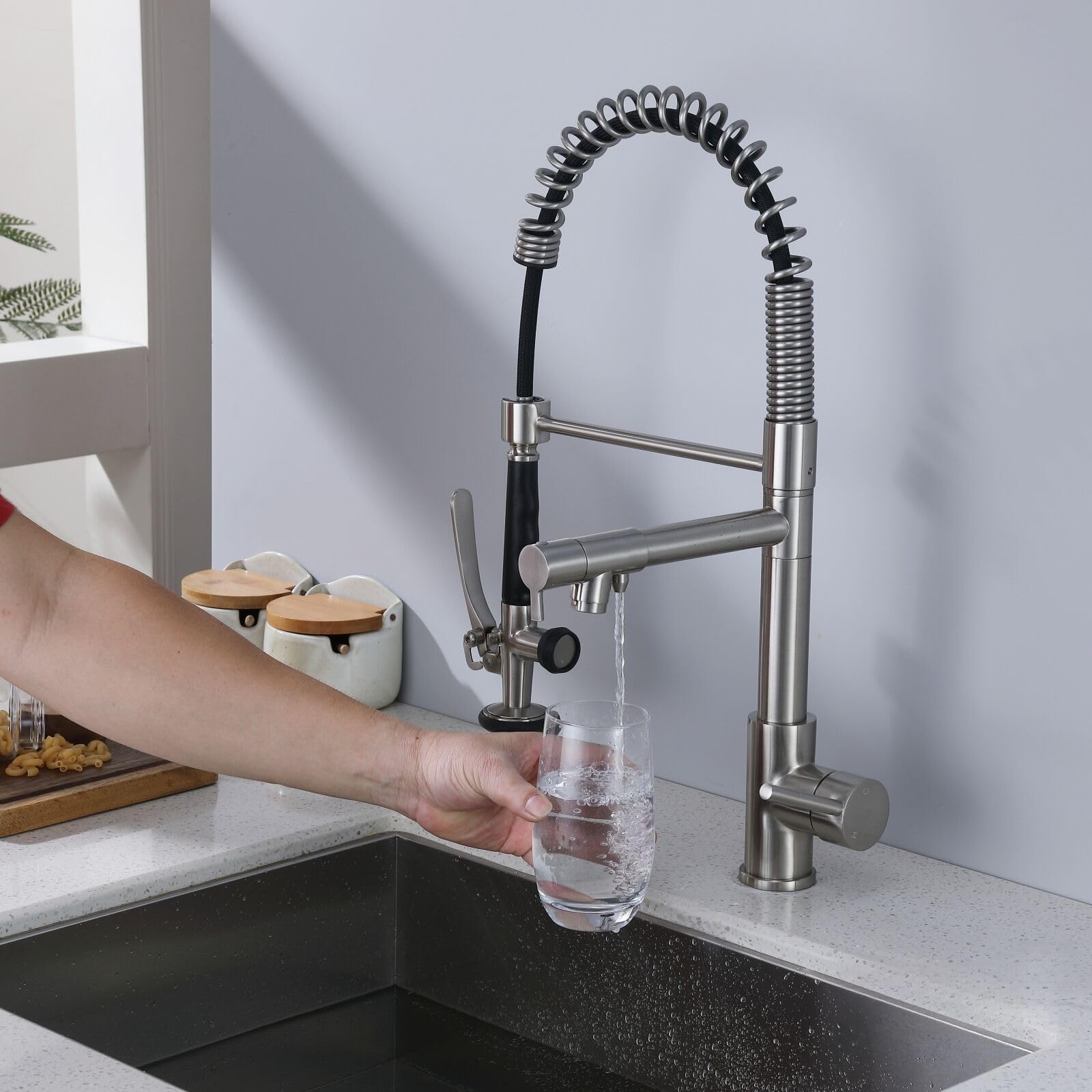 Ekrte Kitchen Sink Faucet With Pull Down Sprayer, 3 In 1 Water Filter Purifier Faucets, Heavy Duty Commercial Style Kitchen Faucet,Brushed Nickel Filter Water Kitchen Faucet