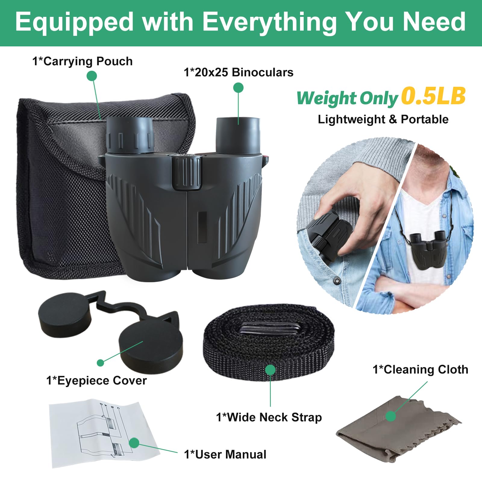 Cechlicht Binoculars For Adults And Kids High Powered 20X25, Binoculars For Bird Watching With Low Light Night Vision Large View Easy Focus Waterproof Compact Binocular For Hunting Hiking As Travel Essentials