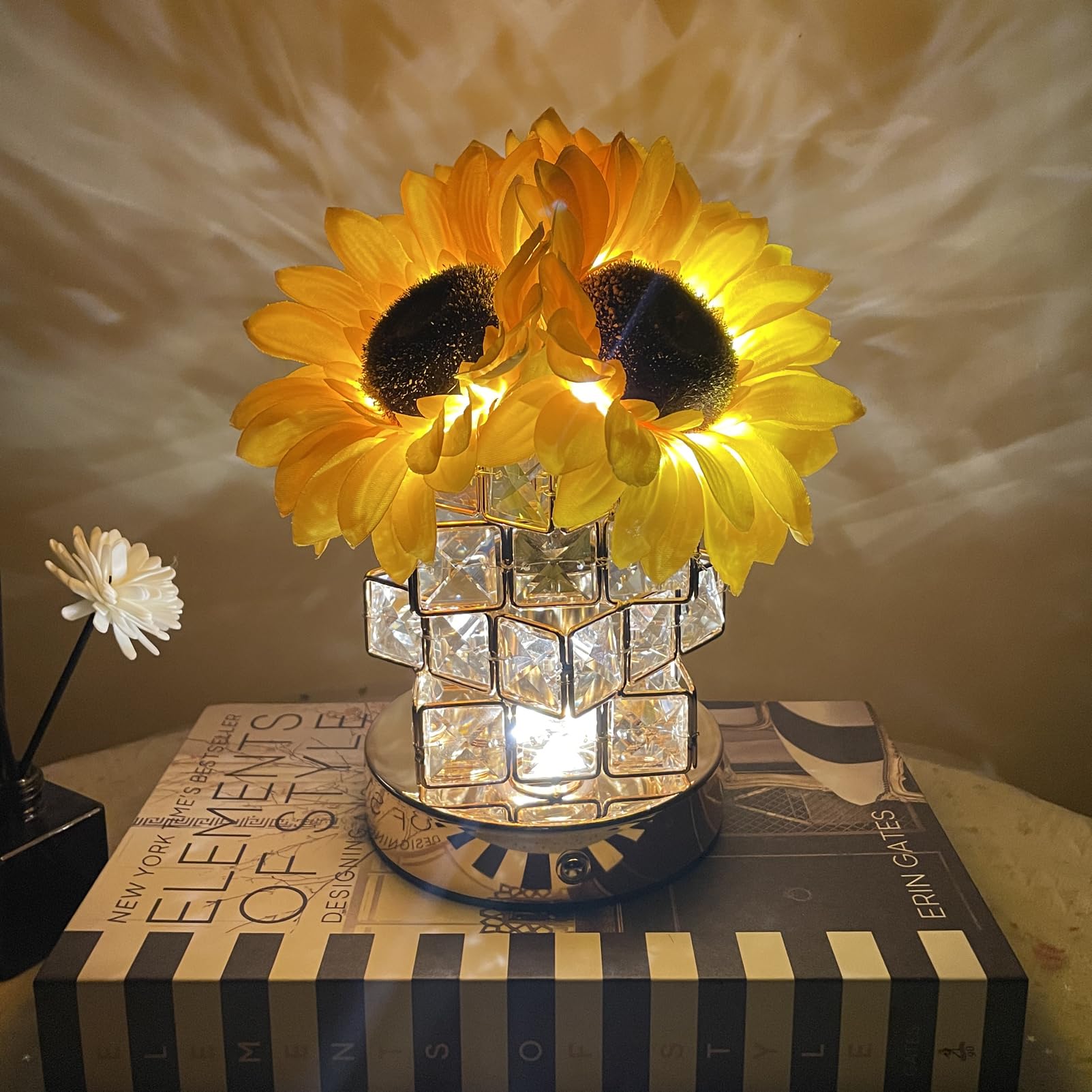 Yunbiaosen Sunflowers Flower Lamp,3-Colour Infinitely Dimming Small Night Light,Rechargeable Cordless Touch Table Lamp,Home Office Decor Birthday For Women Mom (Crystal Magic Cube Sunflower)