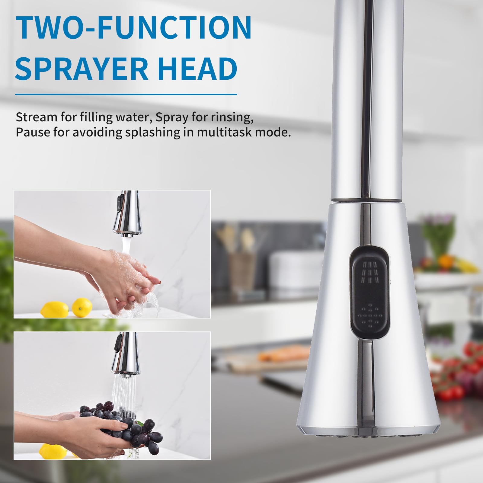 Homelody 2 Handles Kitchen Faucet With Pull Down Sprayer For 3 Hole Sink, 8 Inch 360° Rotating Spout Centerset Kitchen Sink Faucet With Water Lines Chrome