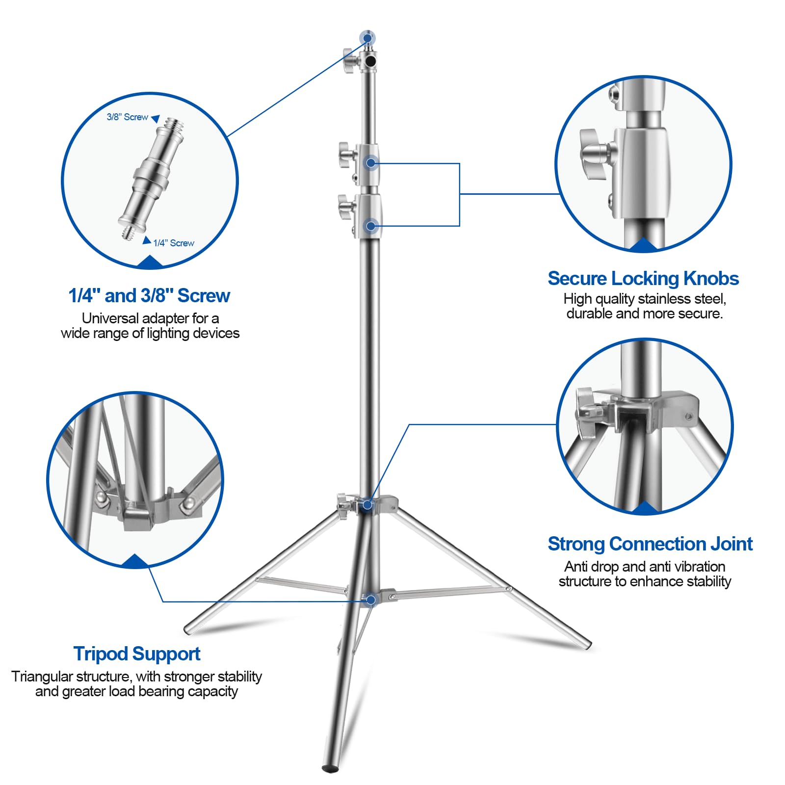 Wellmaking Stainless Steel Photography Light Stand 9.2Ft/280Cm.Spring Cushioned Heavy Duty Tripod Stand With 1/4”To3/8” Screw Adapter And Tilt Swivel Mount For Strobe, Video Light,Ring Light,Monolight