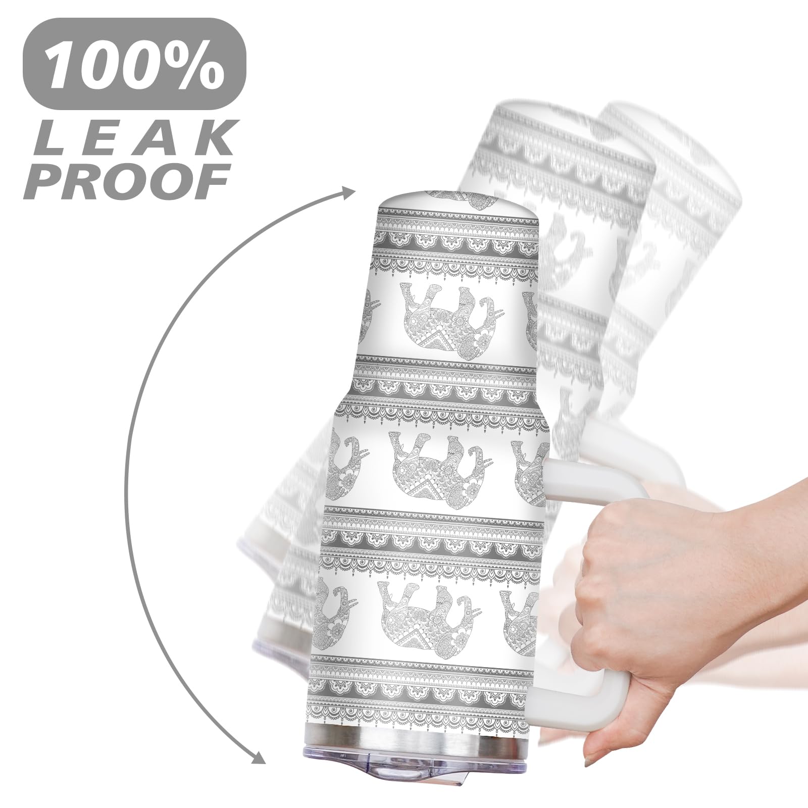 40 Oz Elephant Tumbler With Handle And Straw, Gray Mandala Floral Stainless Steel Vacuum Insulated