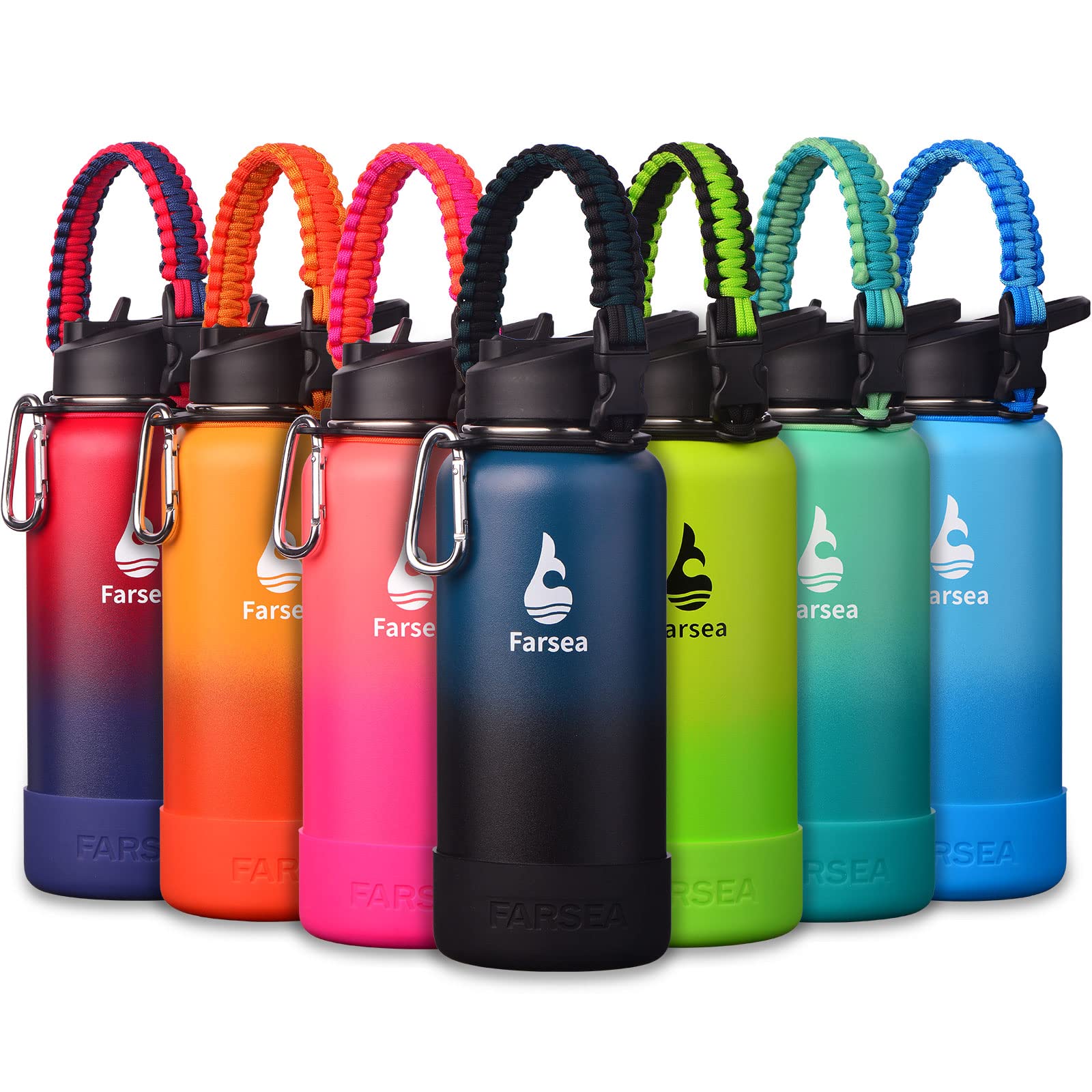 Farsea Insulated Water Bottle With Paracord Handle, Protective Silicone Boot And 2 Lids