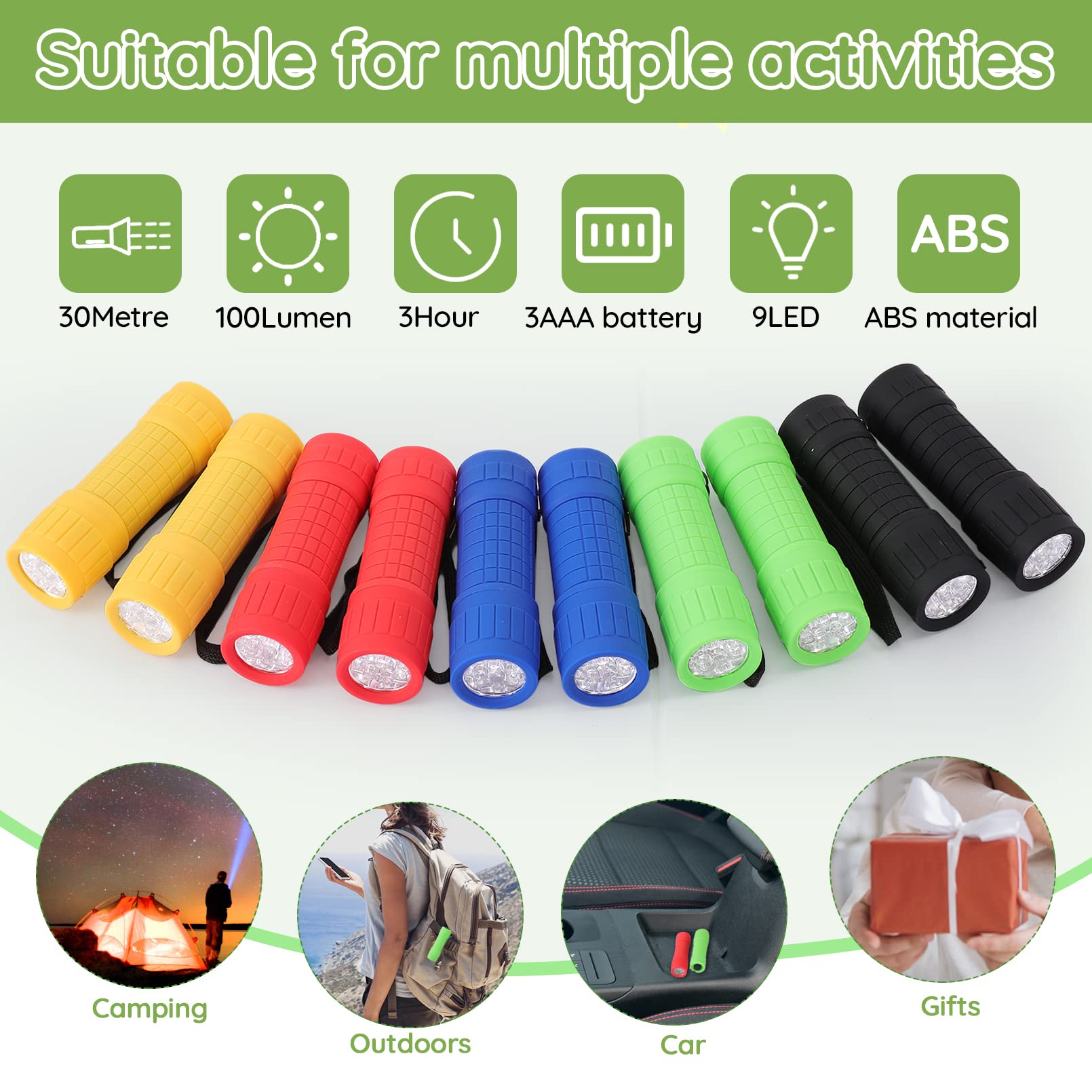 Zebbtne 10Pack Mini Flashlights Set, 9-Led Small Flashlight For Kids, 5 Colors, With Lanyard And 30 Aaa Batteries Included, Perfect For Night Reading Party Camping Hunting Emergency