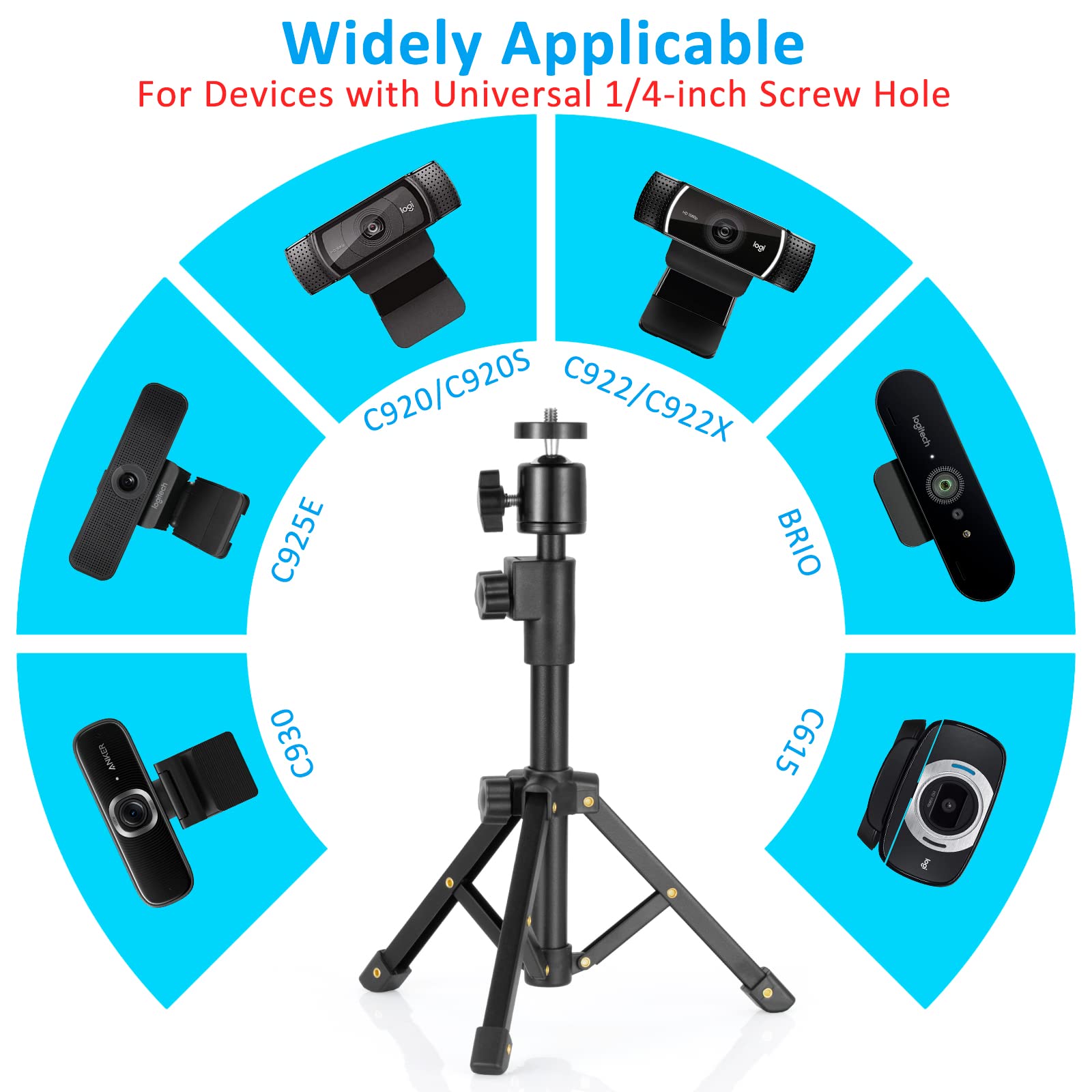 Bilione Webcam Tripod Stand, For Webcam C920 C922 C930E C920S C920 C615 C960 C920X, Extendable Stand For Desk, Lightweight Mini Webcam Tripod With 1/4" Thread