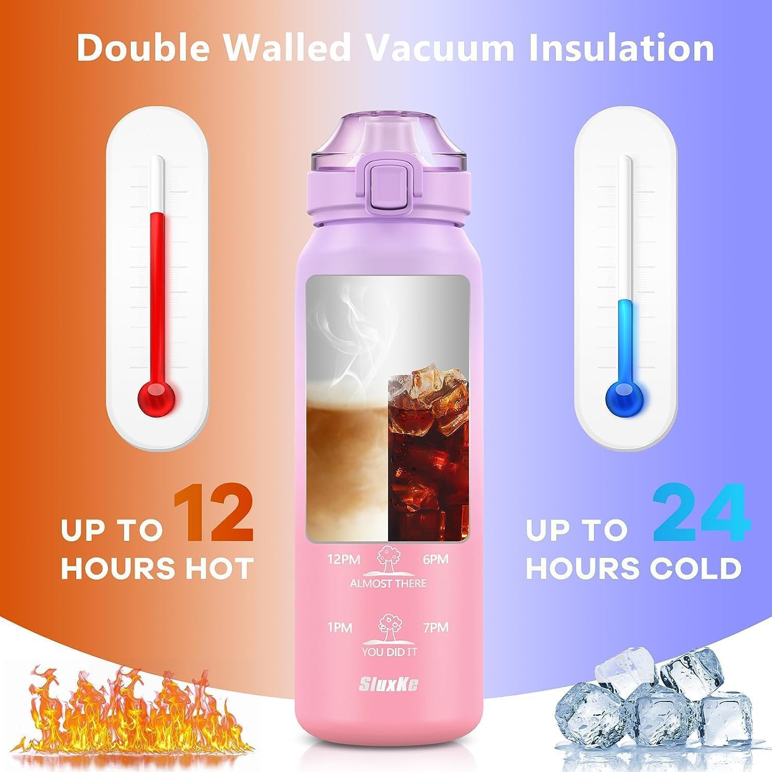 Insulated Water Bottle 32Oz With 2Lids,18/10 Stainless Steel 1000Ml Insulated Water Bottle Double