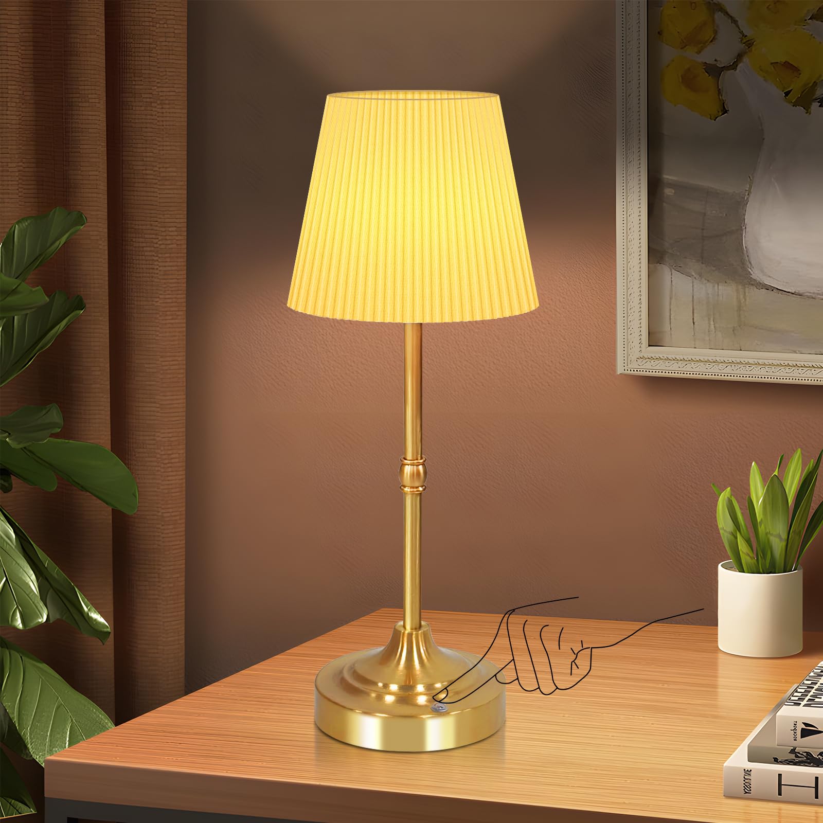 Aoteam Cordless Table Lamp For Bedroom, Touch Lamps For Nightstand With Pleated Shade, Led Bedside Lamp Rechargeable, 5500Mah, Stepless Dimming, Suitable For Living Rooms, Parties, Study Room