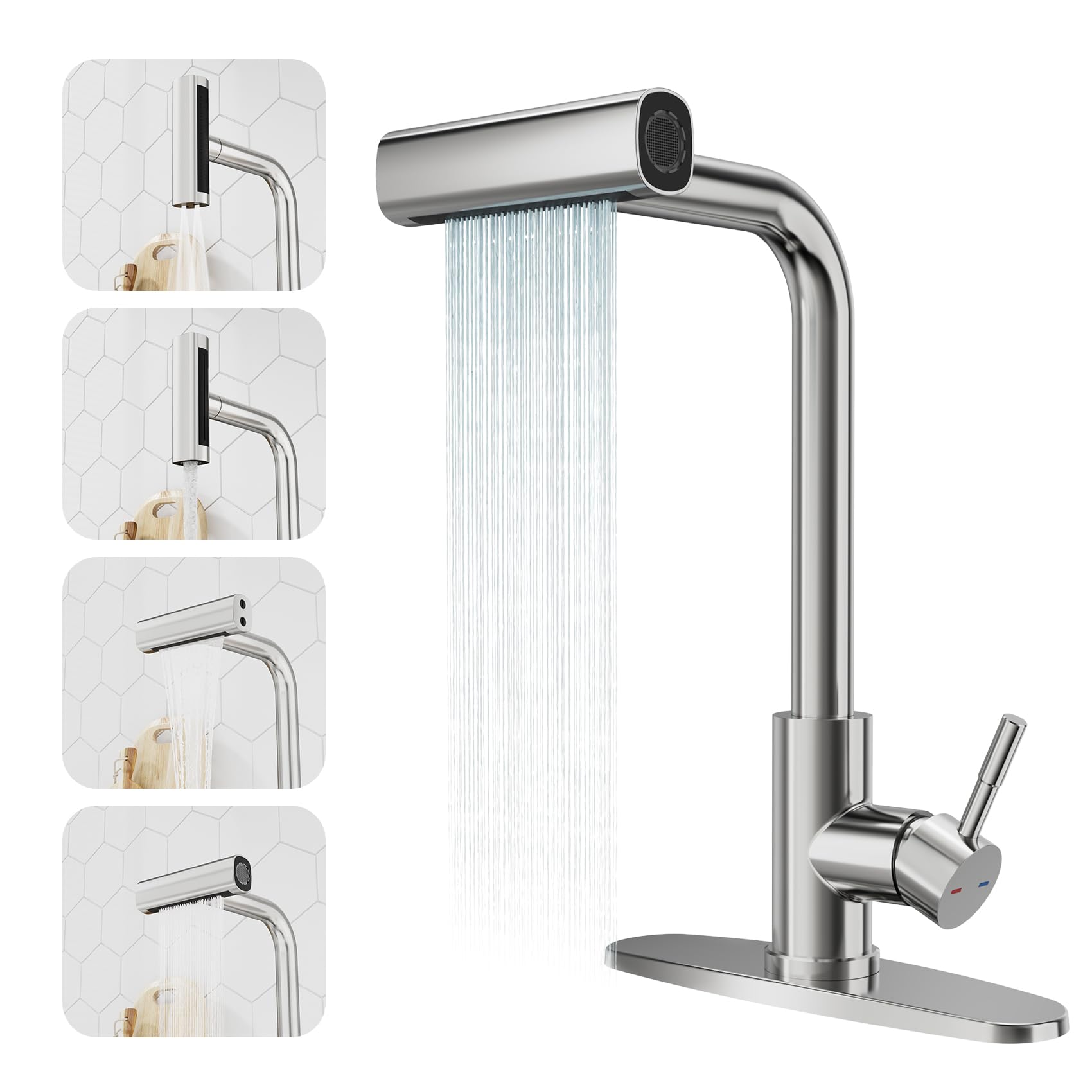 Arrisea Kitchen Faucet With Pull Down Sprayer, Brushed Nickel Pull Down Kitchen Faucets, Waterfall Faucet For Kitchens Sink, 4 Function Kitchen Sink Faucet
