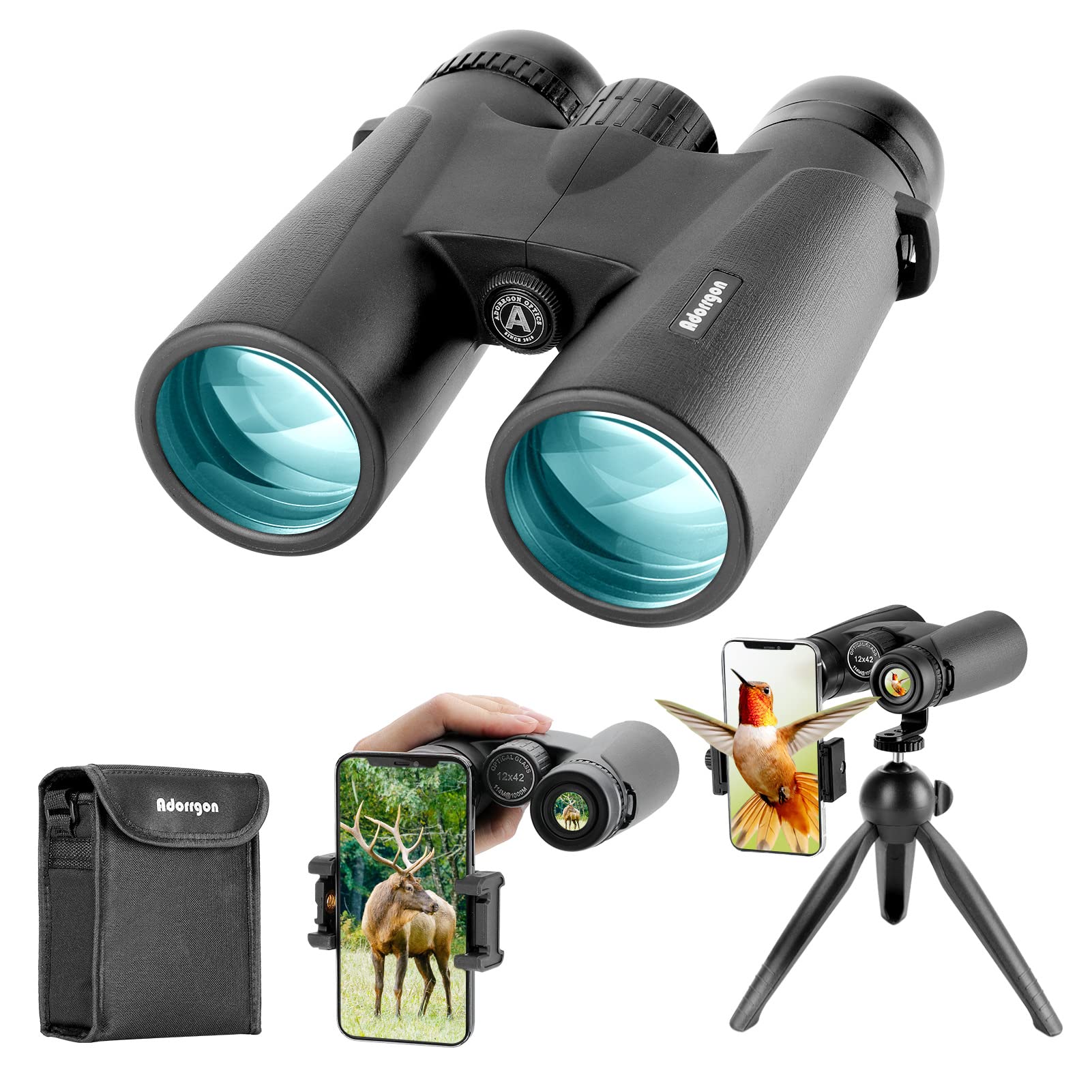 Adorrgon 12X42 Hd Binoculars For Adults High Powered With Phone Adapter, Tripod And Tripod Adapter - Large View Binoculars With Clear Low Light Vision - Binocular For Bird Watching Cruise Travel