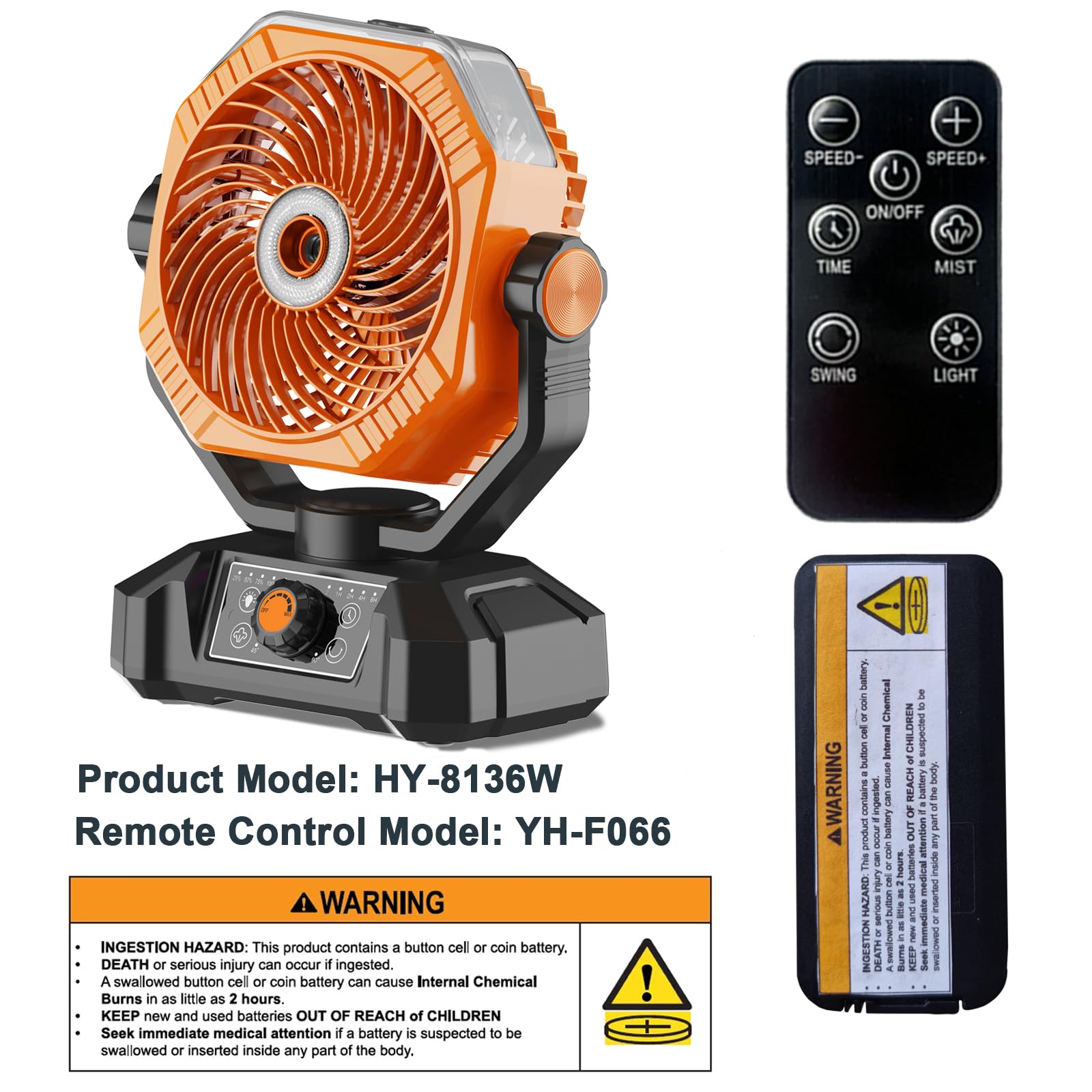 Rechargeable Portable Fan, Battery Powered Fan, Large, Orange, Hy-8136W