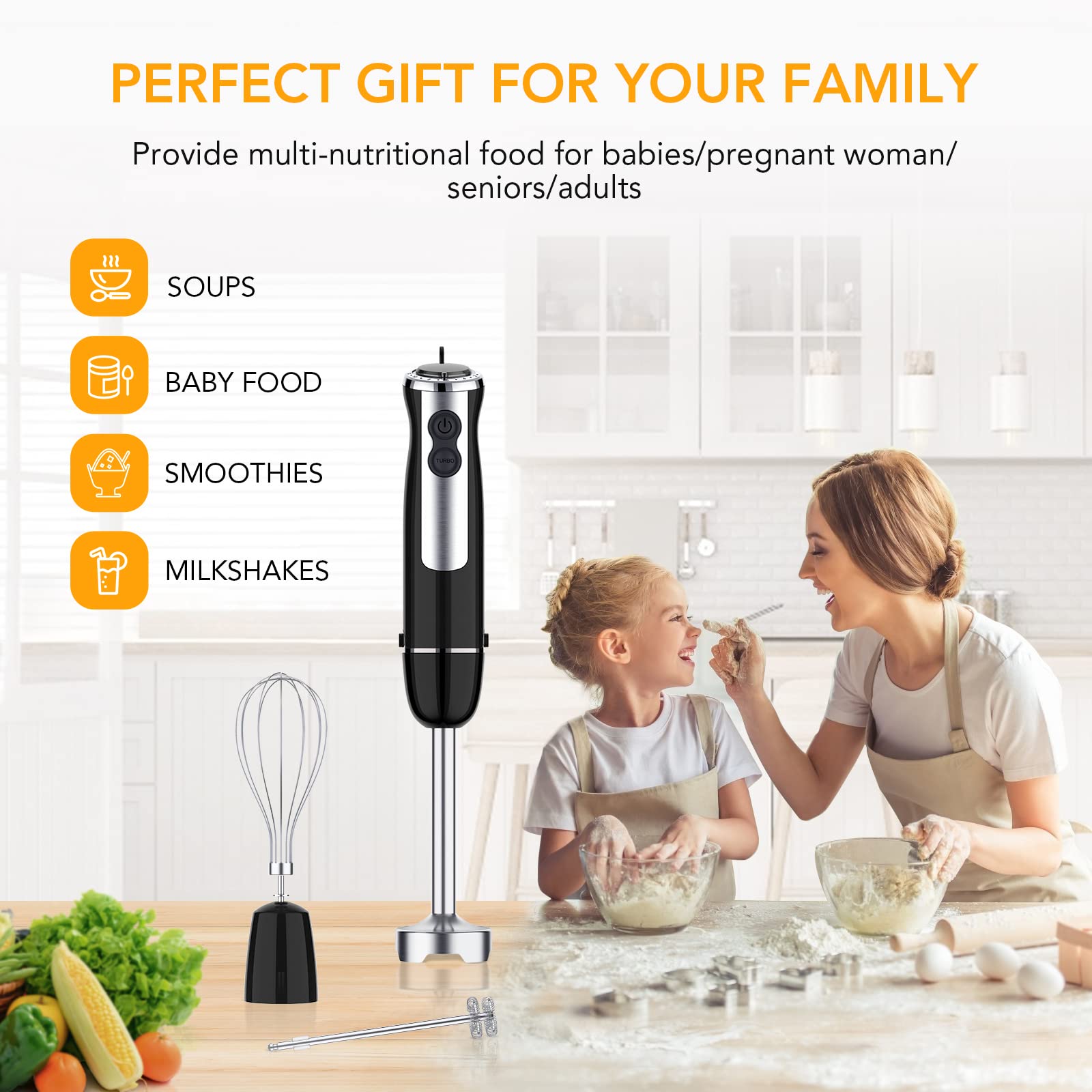Aconee Immersion Hand Blender, 5-In-1 Hand Blender 800W Powerful Motor, 12 Speed & Turbo Mode Hand Mixer, 20Oz Beaker With Measuring Mark, 17Oz Food Chopper, Stainless Steel Blades, Bpa-, Whisk