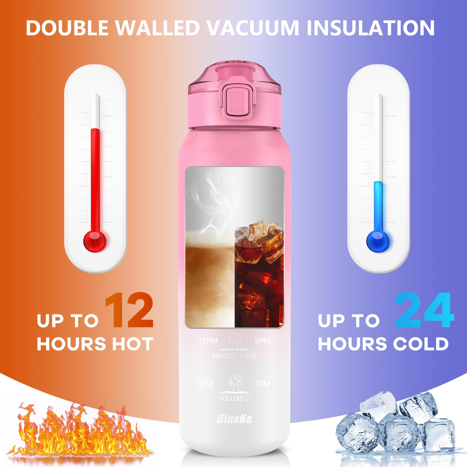 Insulated Water Bottle 32Oz With 2Lids,18/10 Stainless Steel 1000Ml Insulated Water Bottle Double