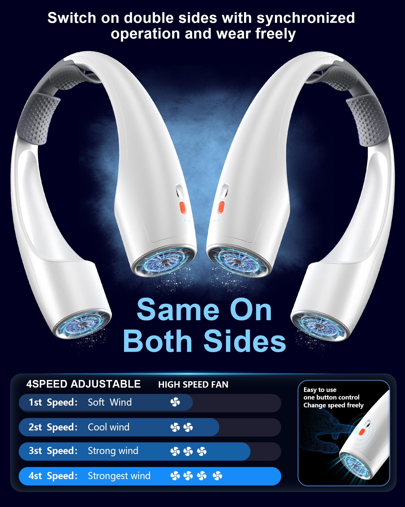 Neck-mounted Ai fan with 4-speed settings, ideal for hands-free personal cooling during travel and outdoor activities
