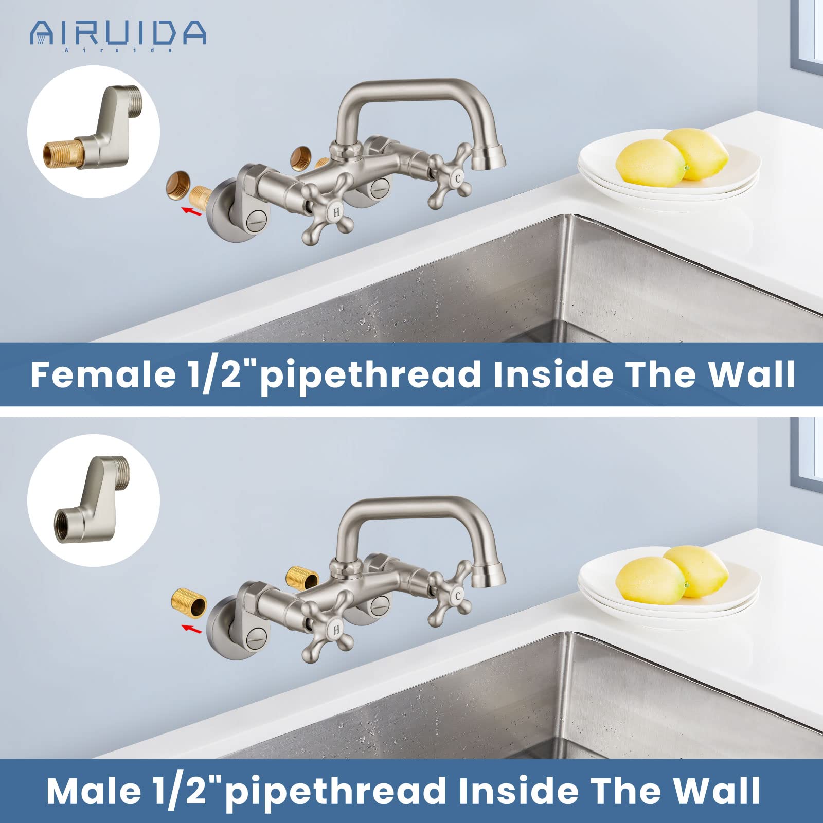 Airuida Wall Mounted Faucet Kitchen Brushed Nickel 6 Inch(15Cm) Spout Reach Adjustable Center Double Cross Handles 3 Inch To 9 Inch Hot And Cold Water Mixer Tap 360 Rotatable Faucet