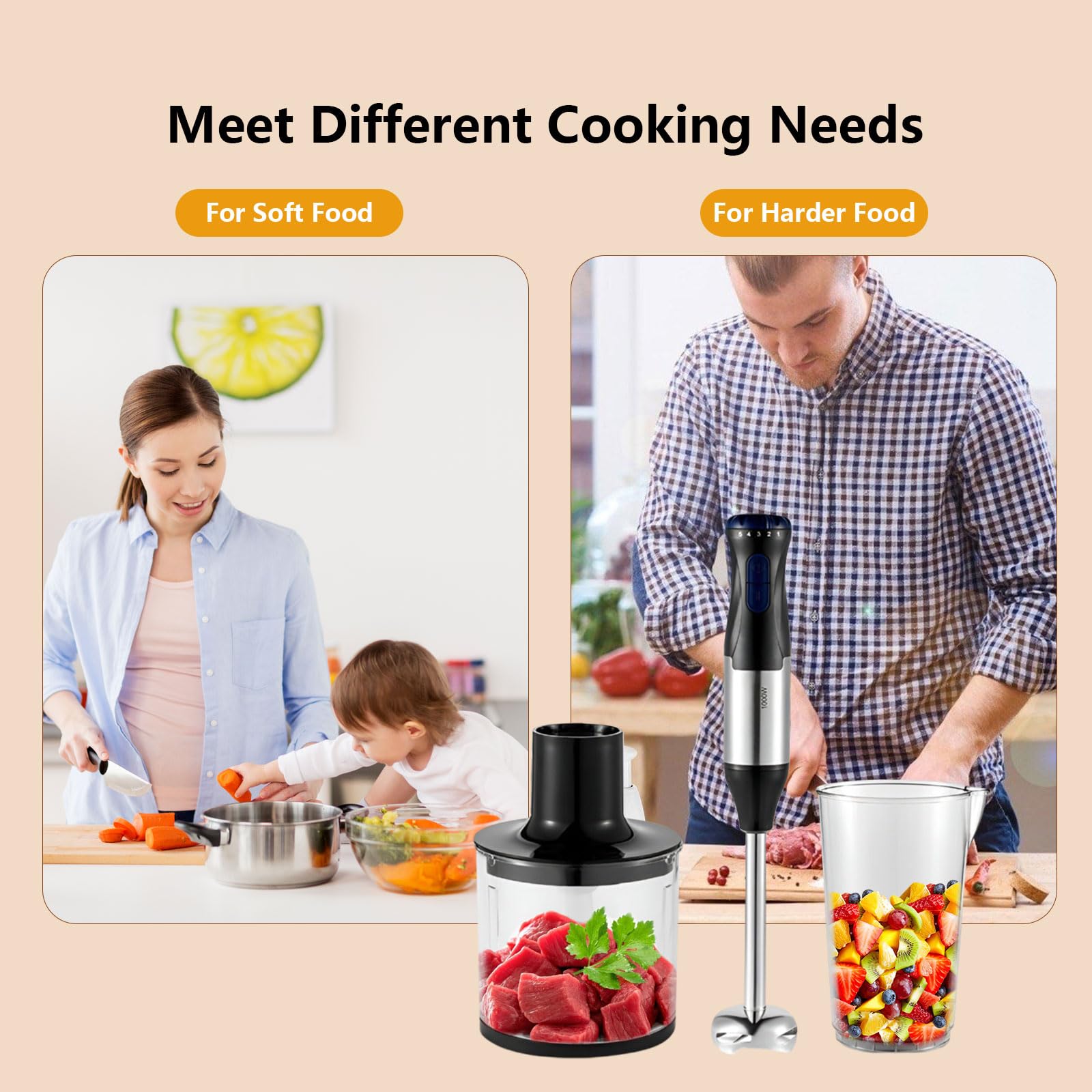 Aizyr Electric Immersion Hand Blender Portable Stick Mixer 5 Mixing Speed, Meat Grinder With Stainless Steel Blades Meat, Vegetable, Fruit, Baby Food