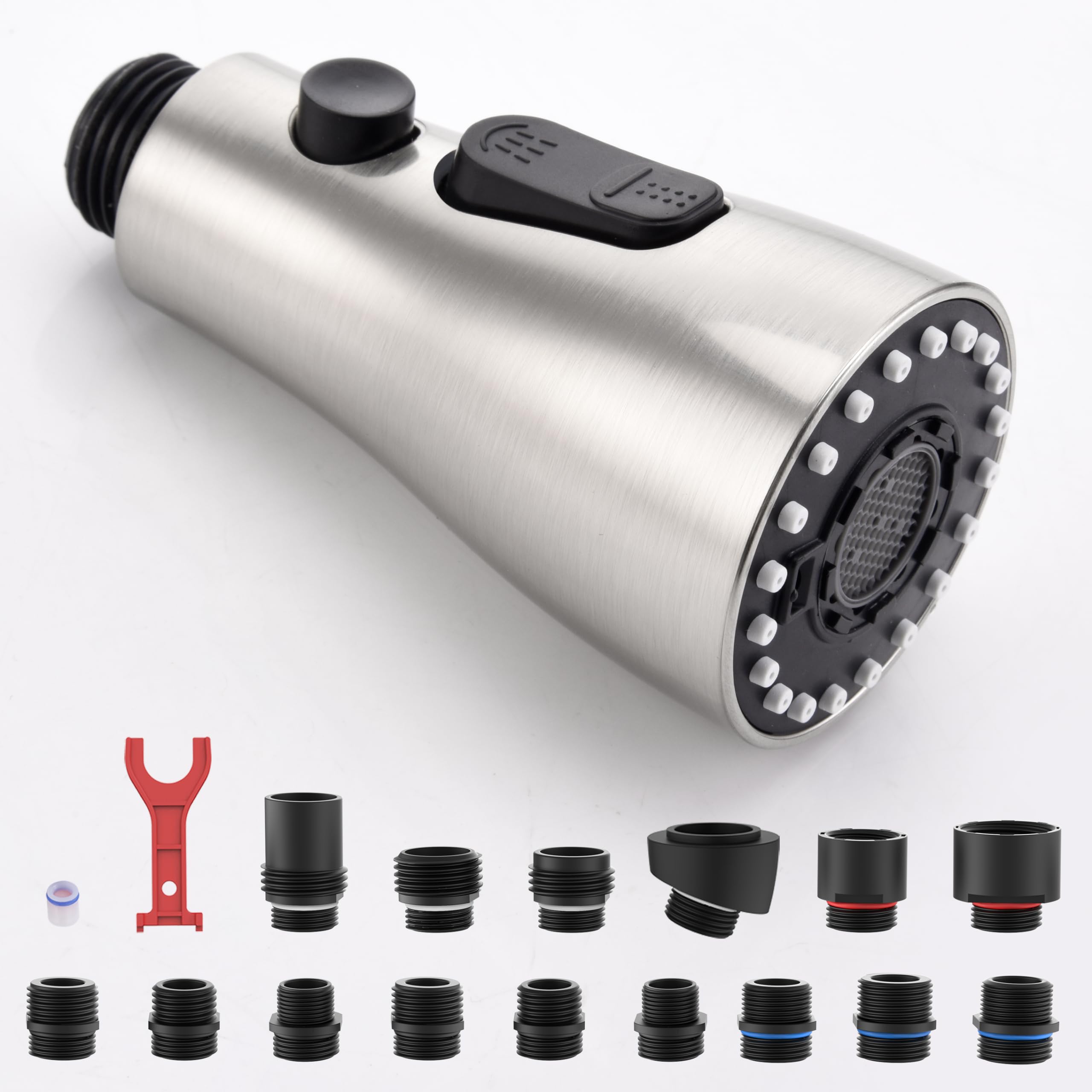 J-Hva Pull Down Kitchen Faucet Sprayer Head Replacement Part With 15 Adapters, 3 Function Pull Out Sink Sprayer Replacement Nozzle, Kitchen Faucet Head Hose Spray Tap Spout, Brushed Nickel