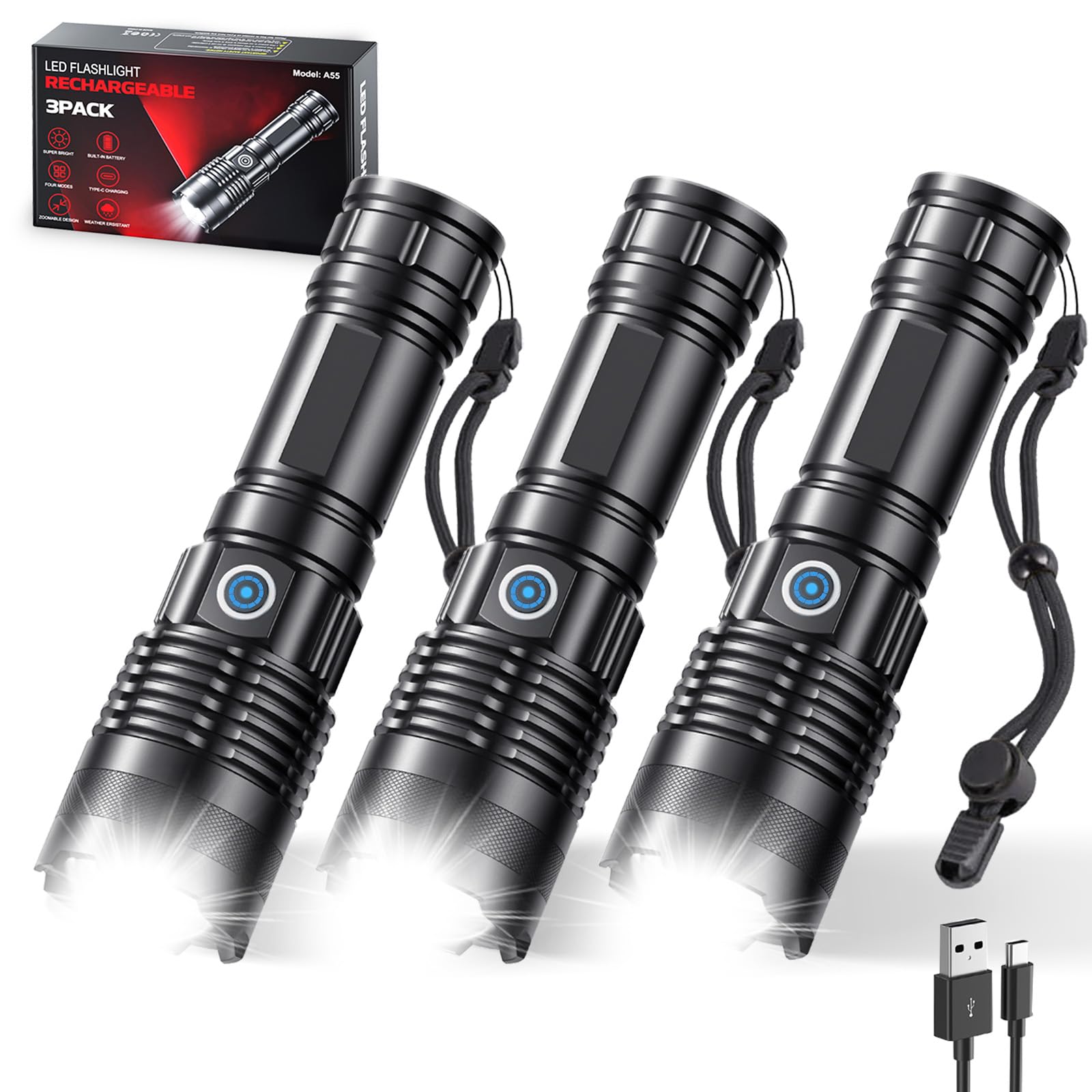 Ylqfh Rechargeable Flashlights High Lumens, 3 Pack Super Bright Tactical Flashlight With Adjustable Lighting Modes, Zoomable Handheld Led Flash Light For Camping Emergency Home (Battery Included)