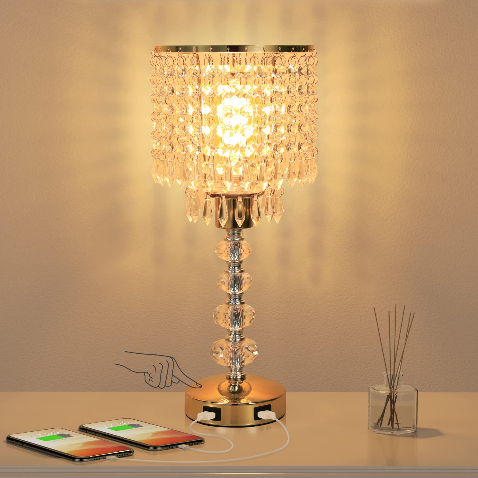 Acaxin Crystal Table Bedside Lamp Touch Control, 3-Way Dimmable Small Nightstand Lamp With 2 Usb Charging Ports, Decorative Gold Tabletop Lamp For Bedroom, Living Room And Guest Room