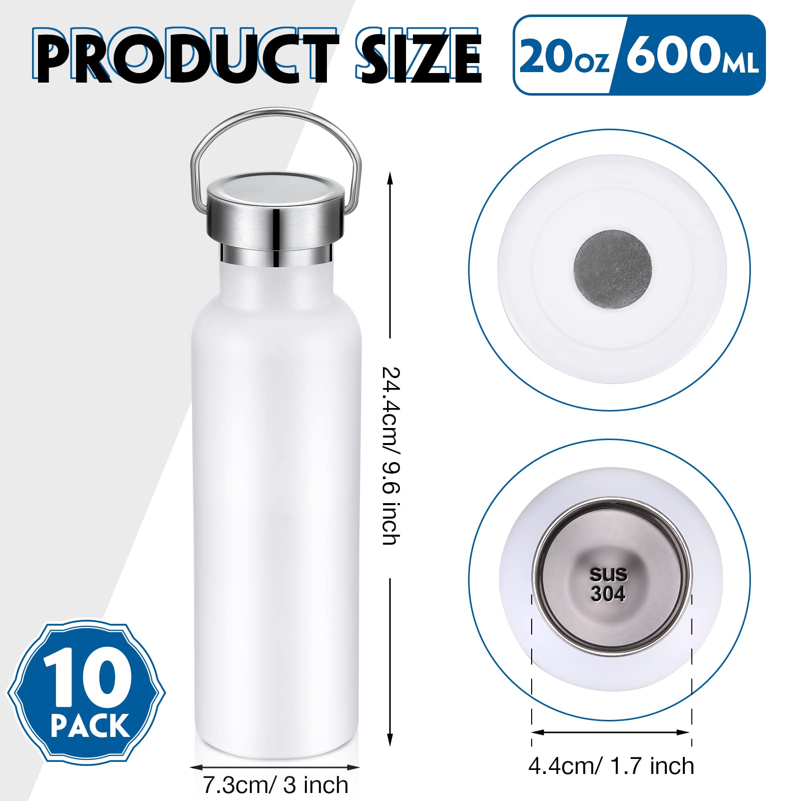 10 Pack Insulated Water Bottle 20 Oz Stainless Steel Sport Bottle Bulk Double Wall Metal Reusable