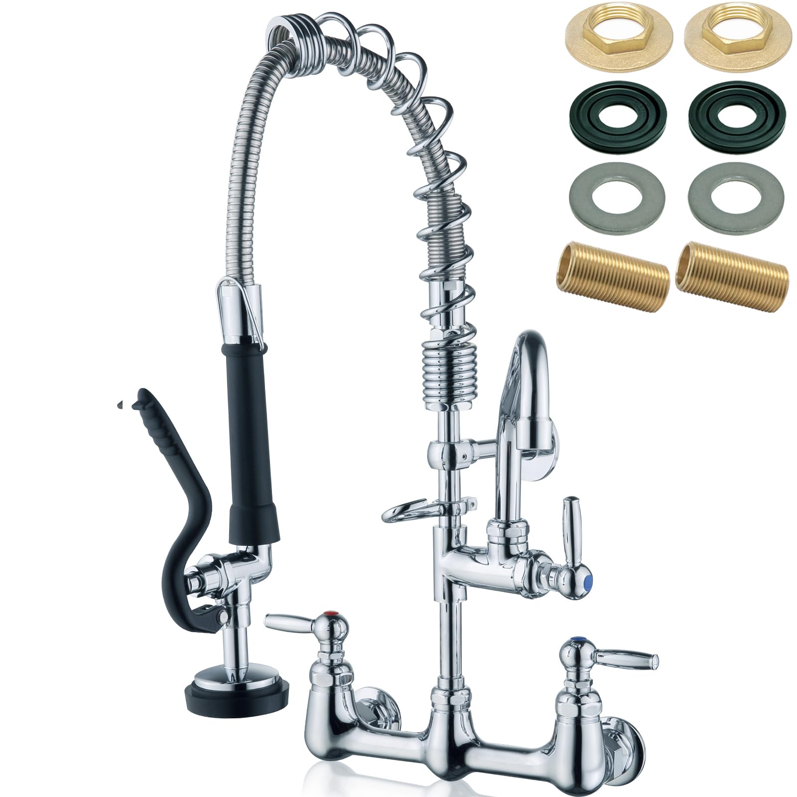 Palukia Commercial Sink Faucet With Sprayer - Wall Mount, Pre-Rinse Sprayer, 21" Height Commercial Kitchen Faucet, 8 Inch Center, 9" Spout, 20" Hose Pull Down Spray For Restaurant, Industrial