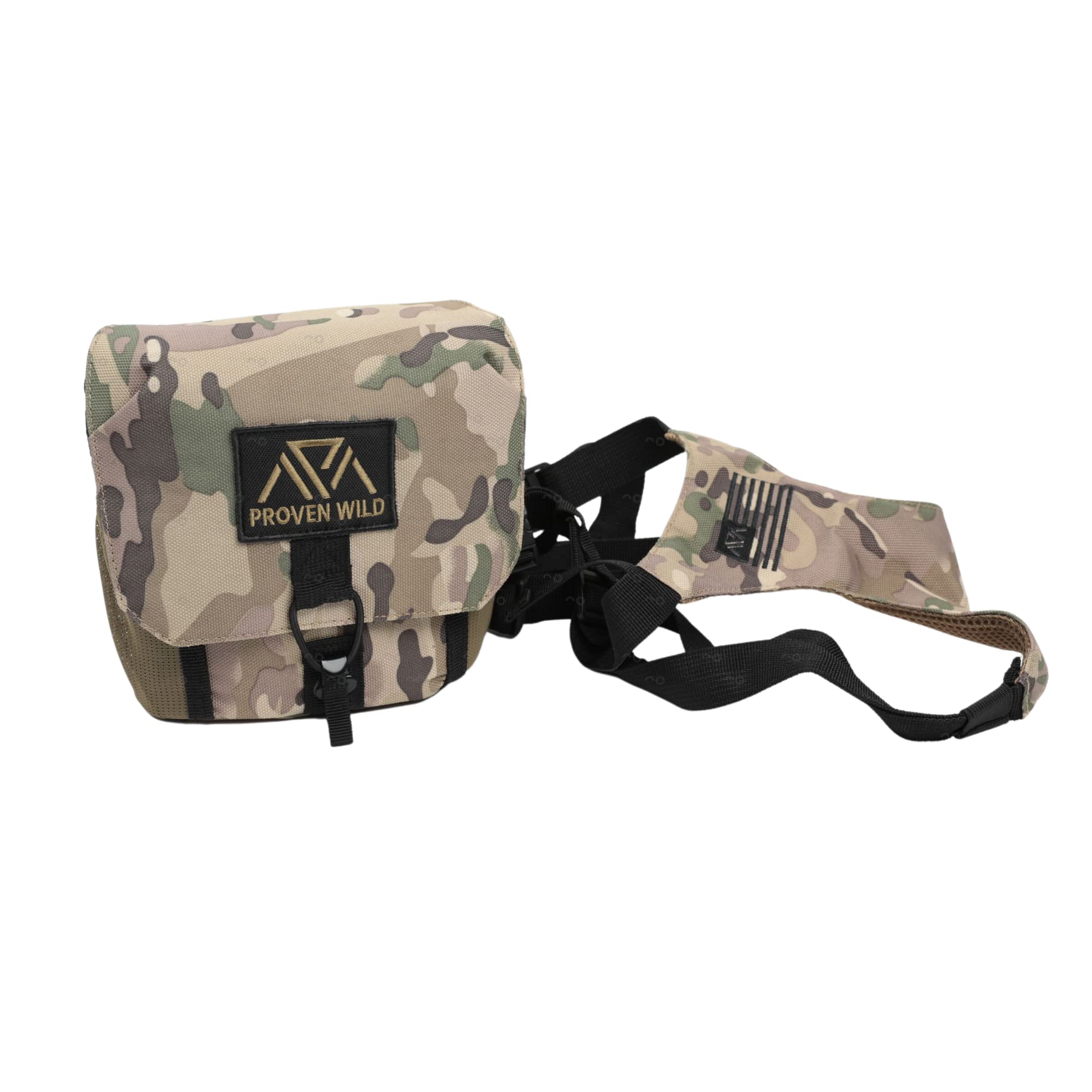 Proven Wild Bino Harness Binocular Harness Chest Pack Made Of Waterproof 900D Nylon  Binocular Harness For Hunting Case With Adjustable Shoulder Straps, 2 Mesh Pockets, And Zipper Back Pocket