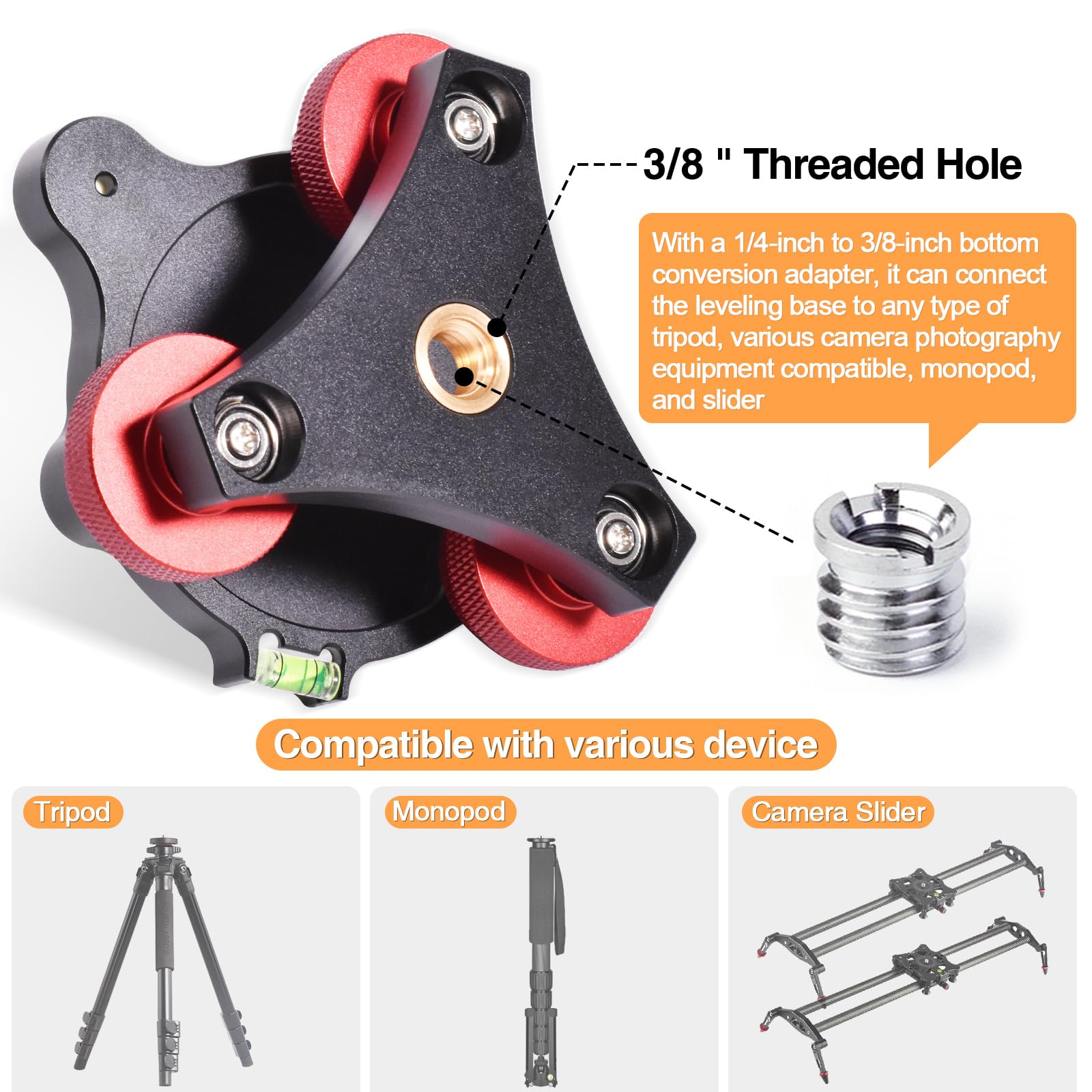 Yqlbgprj Tripod Leveling Base,Camera Head Leveler,3/8”Thread,+/-5°Precise Angle Adjustment,Aircraft-Grade Aluminum Alloy 3Axis Tri Wheel Head,For Macro Panoramic Head,Lp64