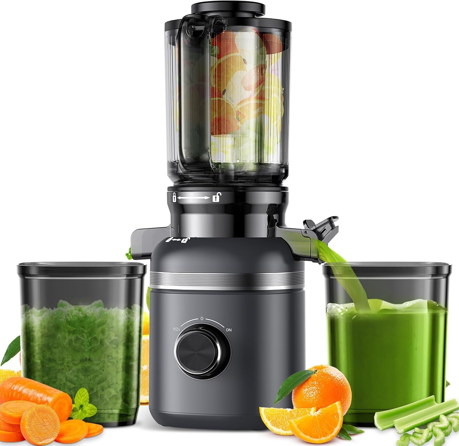 GlowWise Cold Press Masticating Juicer Machines with Built-in Blades for Slicing Whole Fruits & Vegetables, 4.35" Large Feeding Chute - Koospark