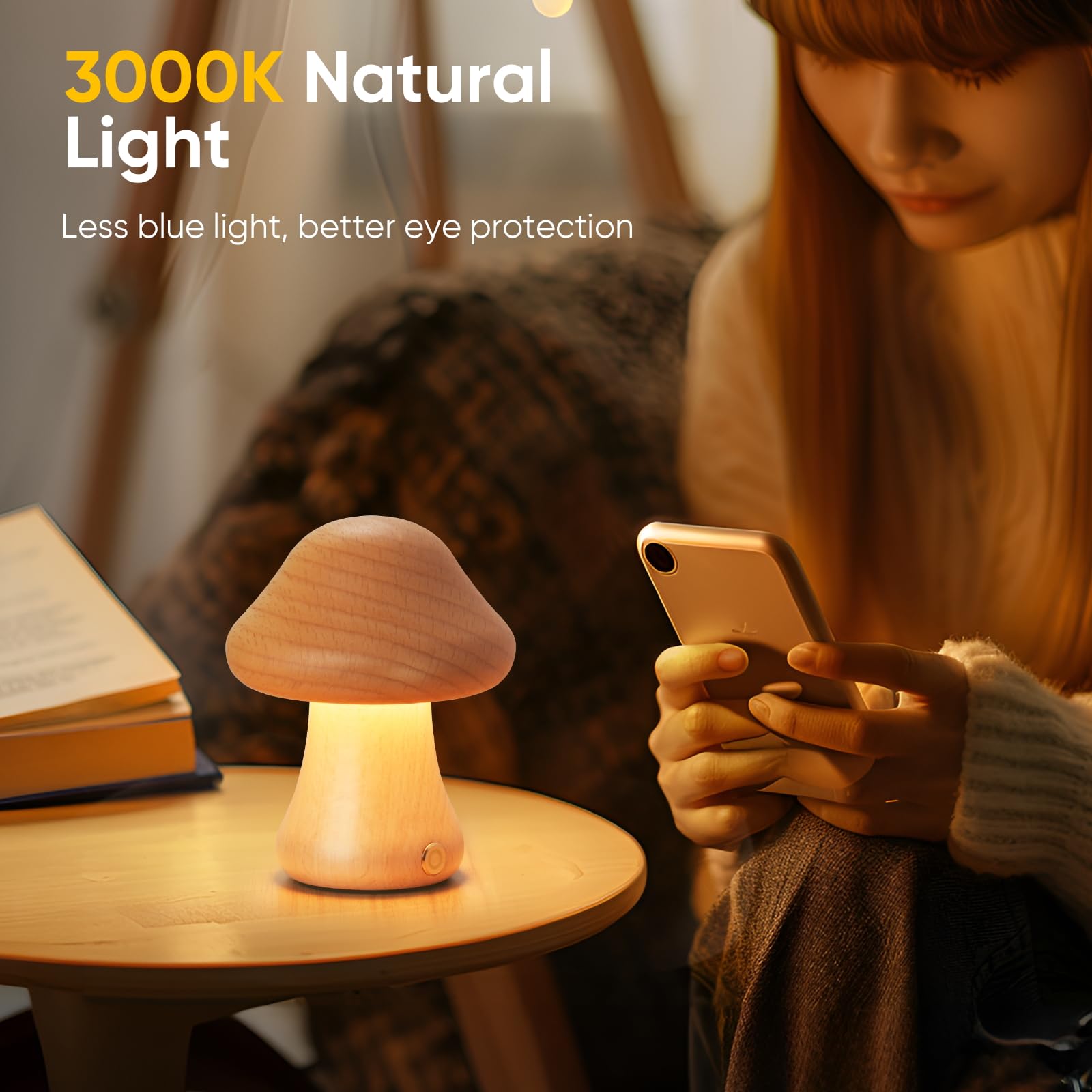 Lonrisway Creative Wood Mushroom Table Lamp, Led Desk Lamp, Bedroom Bedside Night Light, Dimmable Led Lighting, Creative Home Decor Table Lamp, Unique House Warm