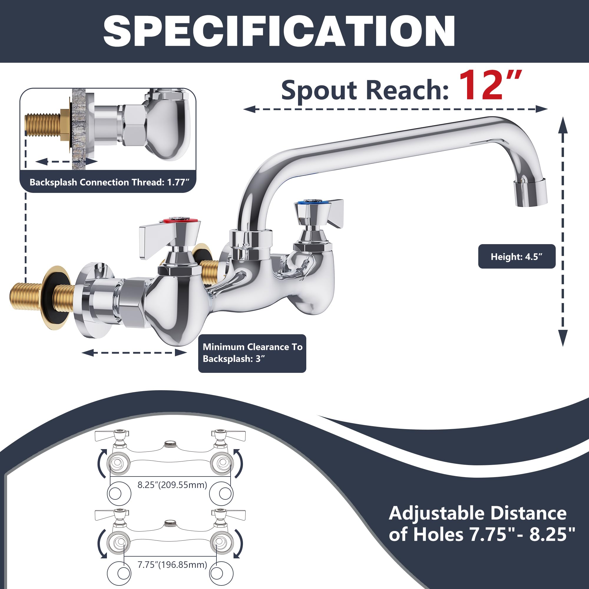 Gimili Wall Mount Commercial Sink Faucet With 12” Swivel Spout Polish Chrome Brass Utility Sink Faucet For Kitchen Laundry Restaurant Industrial Compartment Sink(Include 90 Degree Adapters)