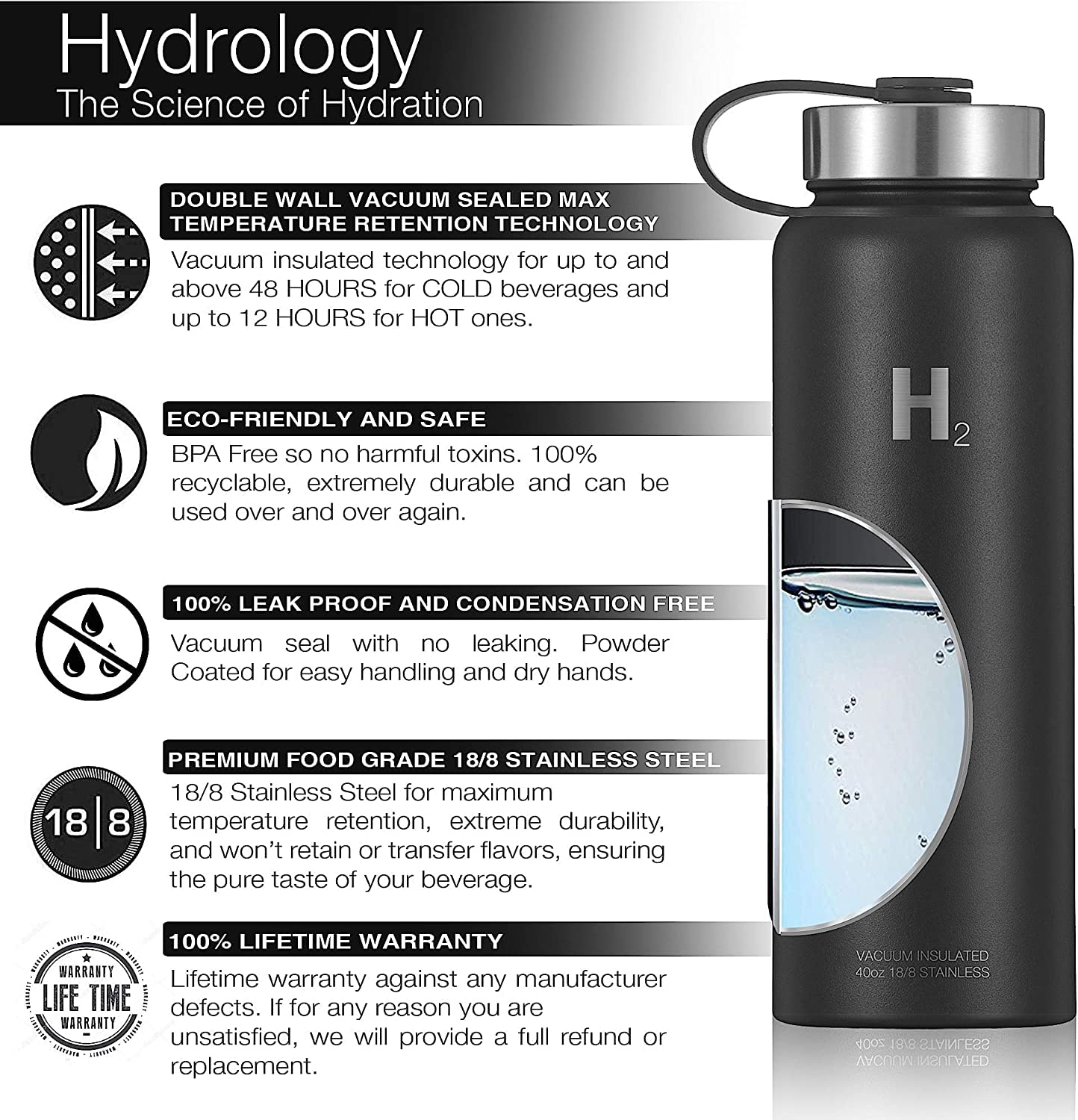 H2 Hydrology Growler Water Bottle With Handle Lid Double Wall Vacuum Insulated One Gallon Growler