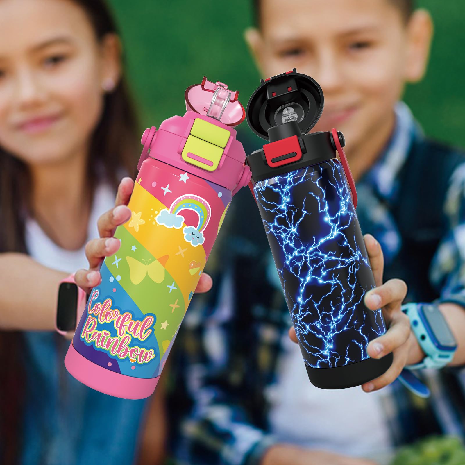 Boys Insulated Water Bottle With Pop-Open Straw & Spout 2-In-1 Lid,18Oz Kids Cups With Stainless