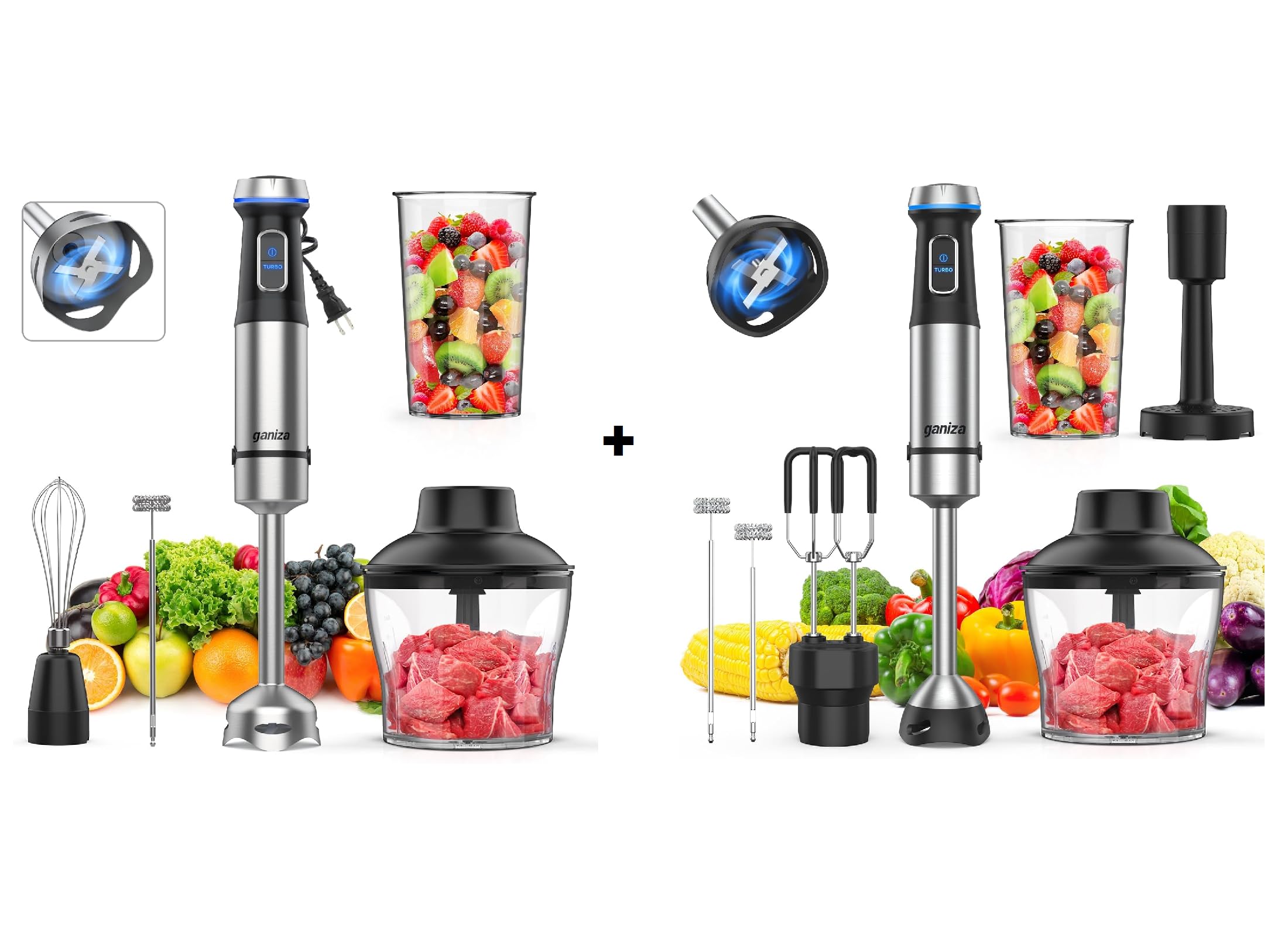 Ganiza Immersion Blender, 5 In 1 & 6 In 1 Corded Hand Blender Stainless Steel Blade, 16 Speed Immersion Blender Handheld With 800Ml Mixing Beaker, 600Ml Chopper, Whisk, Frother, Potato Masher