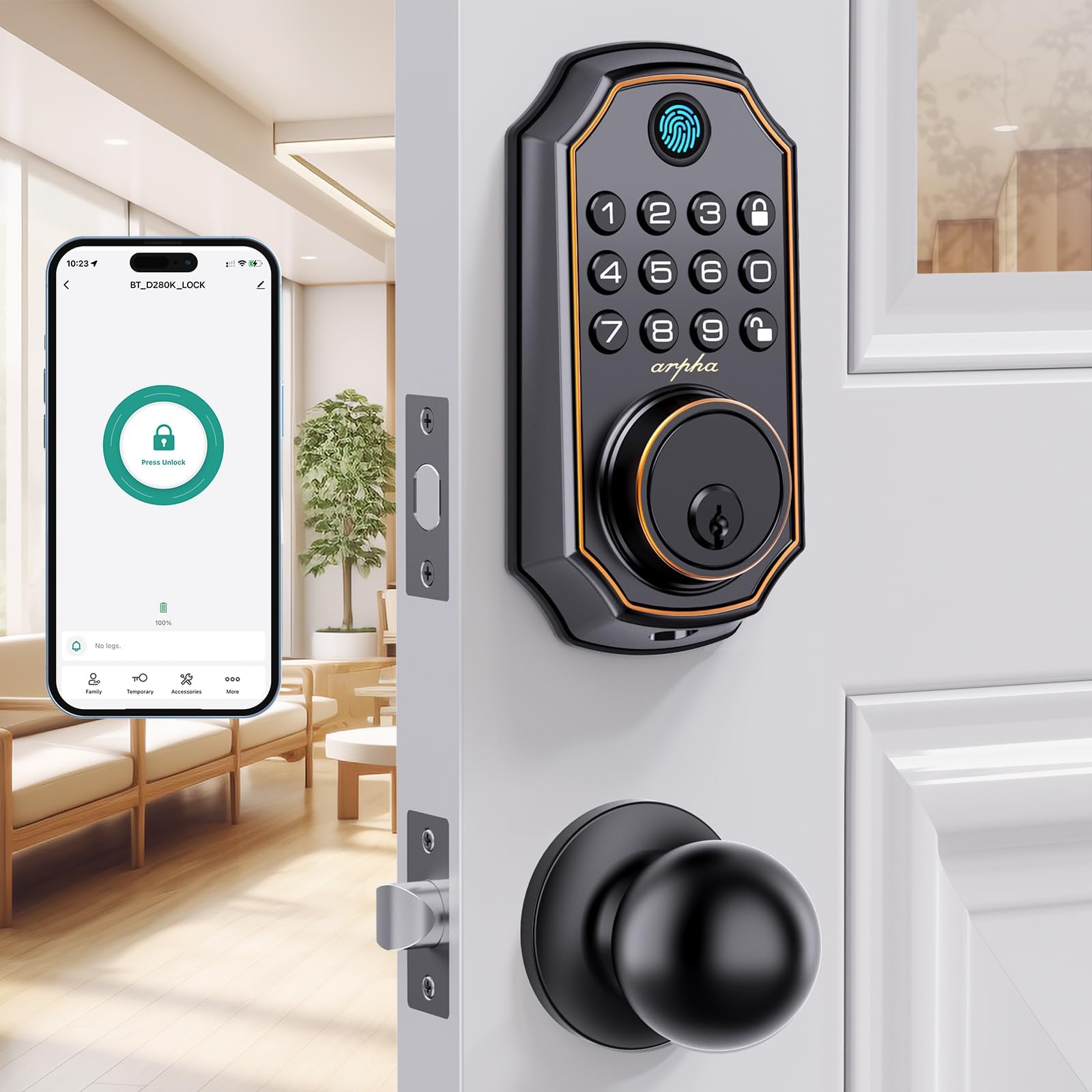 Arpha Keyless Entry Door Lock Deadbolt With Handle Set - 100 Code Smart Fingerprint Door Lock With App Control, Anti-Peeping Password Auto Locks, One Time Code, Zinc Alloy Black