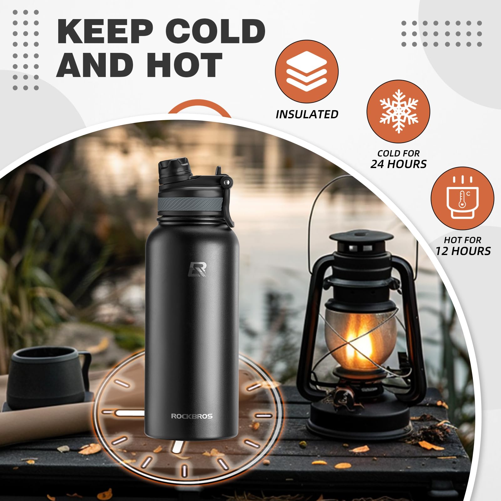 Rockbros Insulated Water Bottle With Straw, Stainless Steel Sports Water Cup Flask Leak Proof