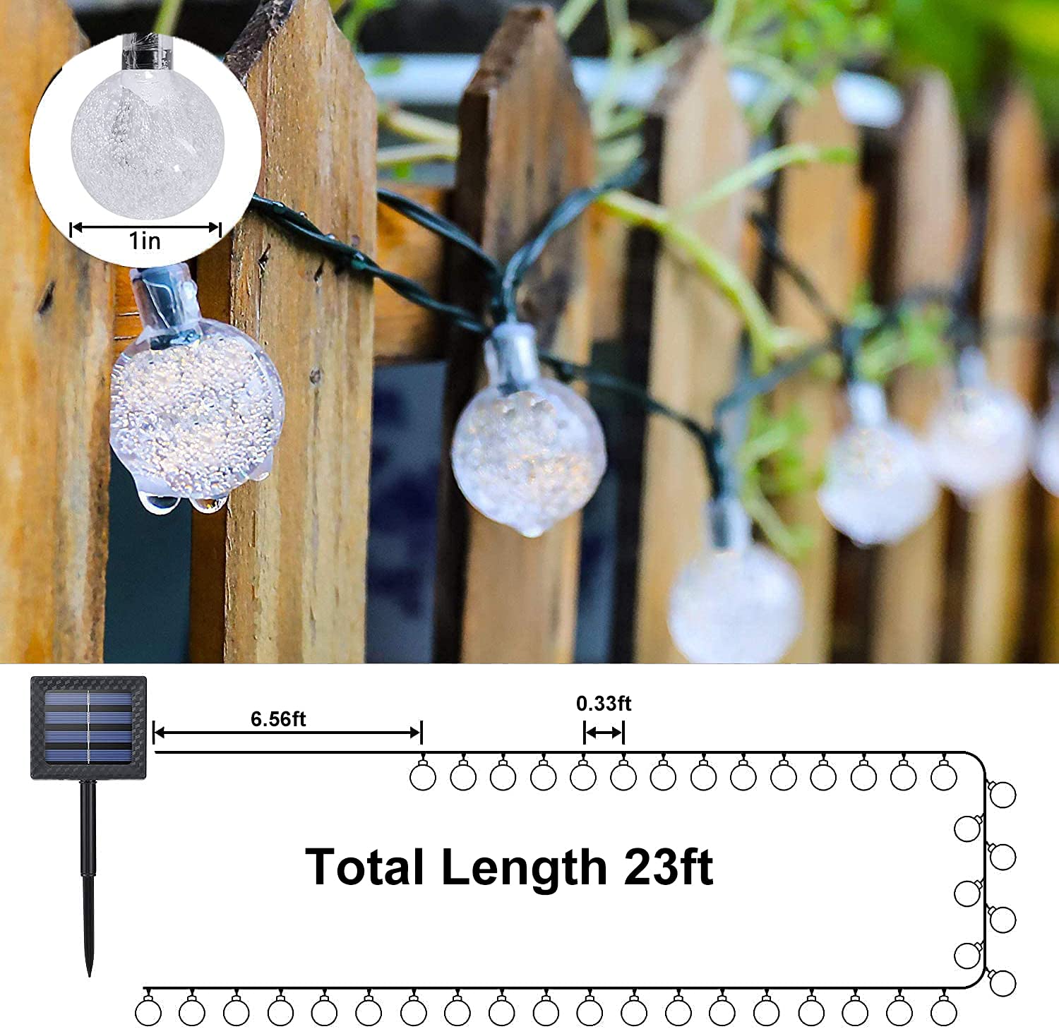 Lezonic Solar Powered Crystal Ball Lights - 8 Modes, 7M/24Ft, 50 Led, Waterproof For Outdoor Patio, Garden, Yard & Wedding Decoration (Multi-Color)