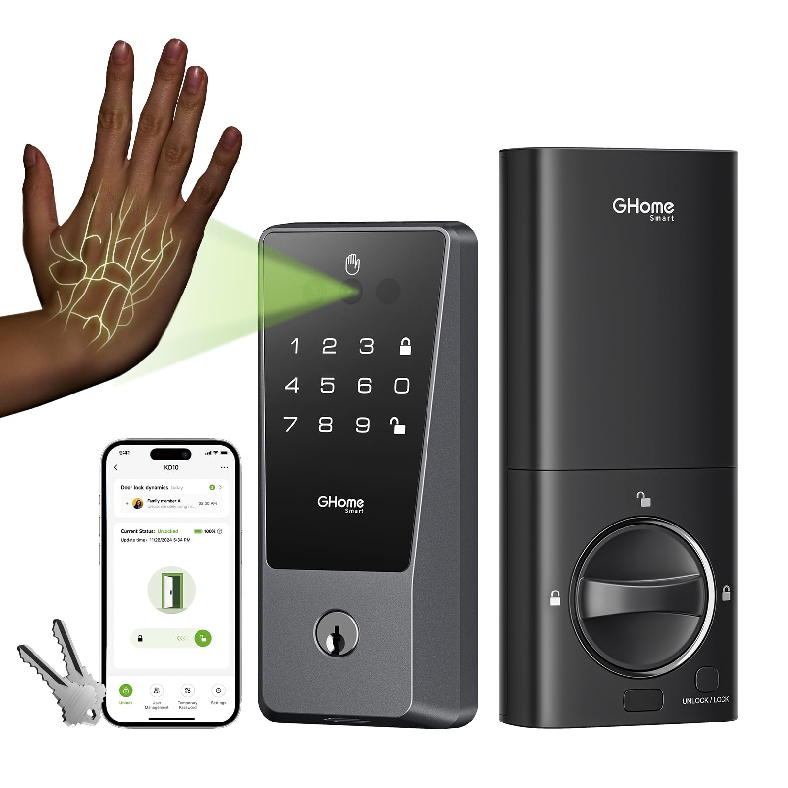 Ghome Smart Door Lock, Palm Vein Smart Locks For Front Door, 5 In 1 Keyless Entry Door Lock, Alexa Control, Auto Lock, Built-In Wifi, Rechargeable Battery, Smart Deadbolt