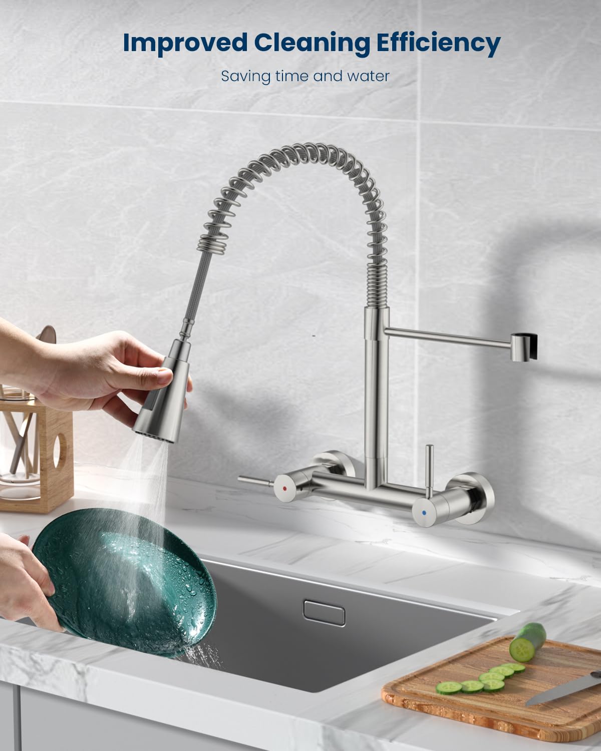 Ajo Bend Wall Mount Kitchen Faucet 2 Handles, 8 Inch Center Wall Commercial Utility Sink Faucet With Pull Out Sprayer 3 Modes, Stainless Steel, Brushed Nickel