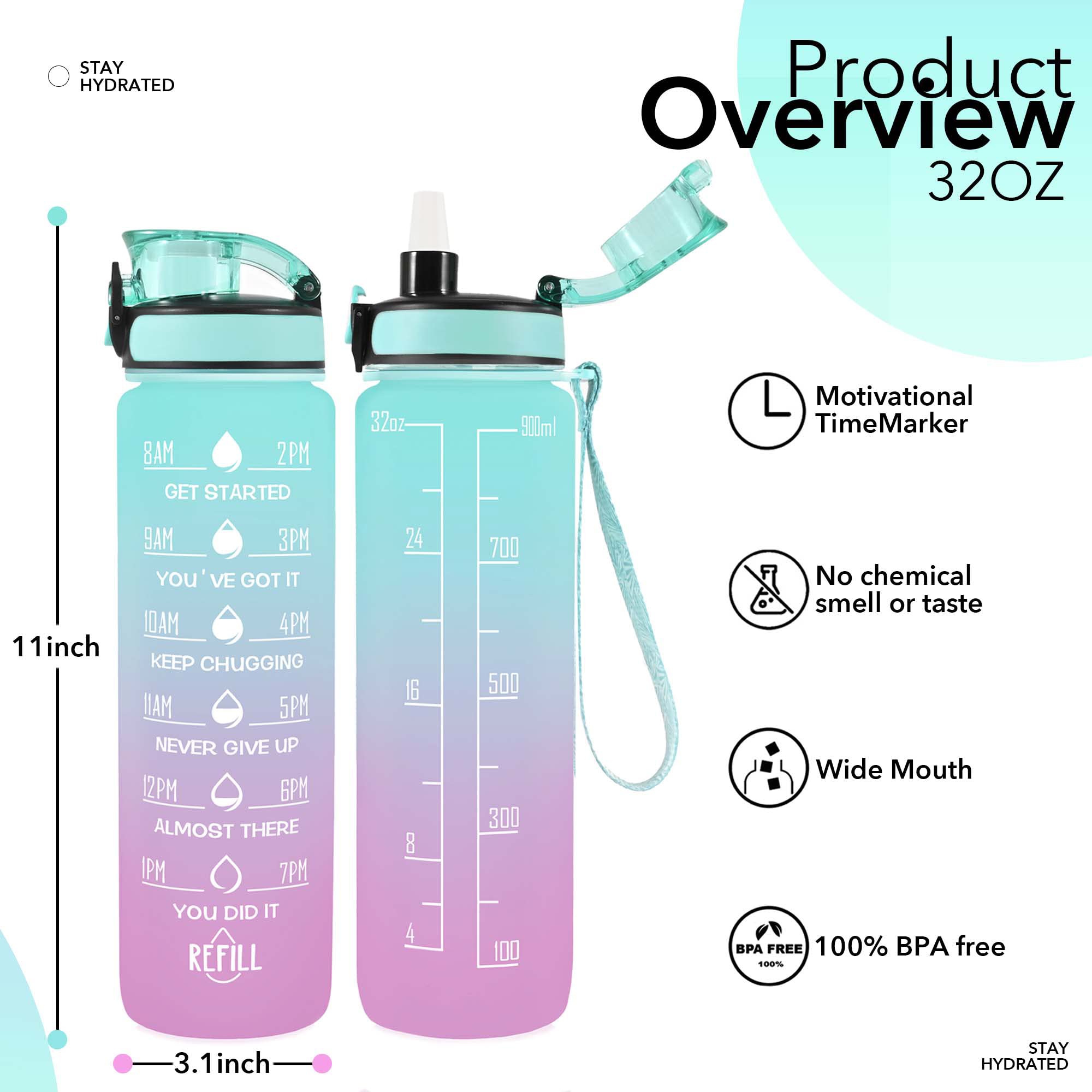 32 Oz Water Bottles With Straw & Strap, Motivational Water Bottles With Times To Drink
